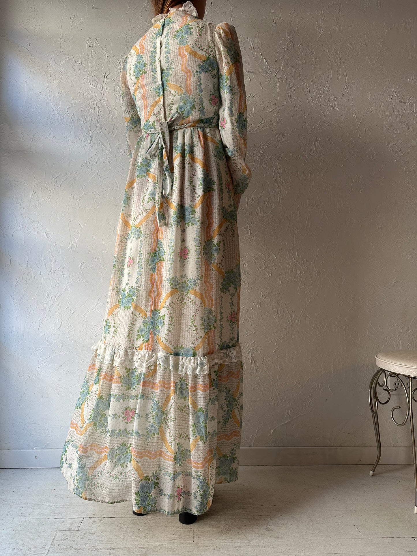 70s Pastel Floral Peasant Maxi Dress / Small