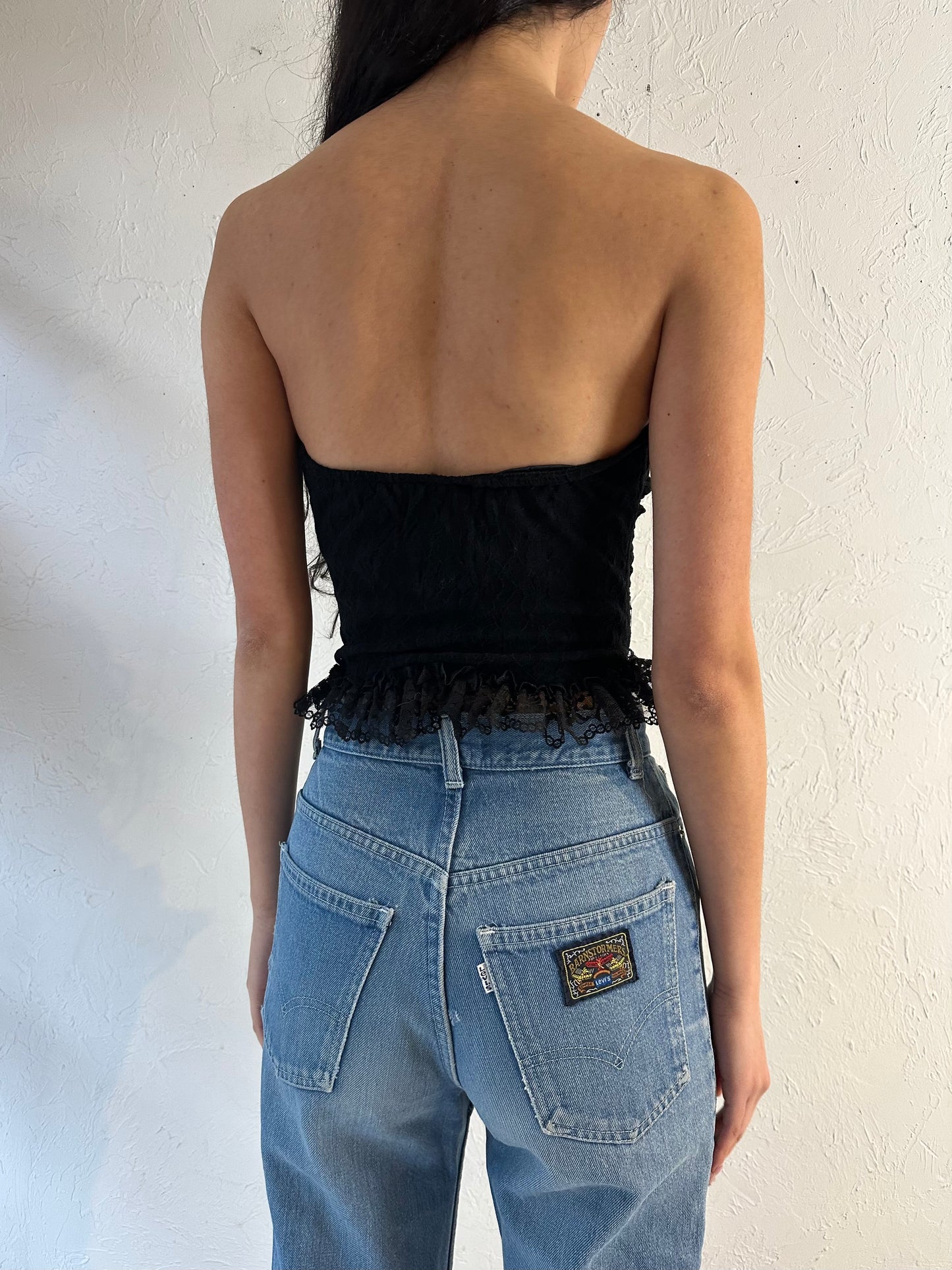 90s 'Florencia Fiume' Black Lace Strapless Bustier Top / Small