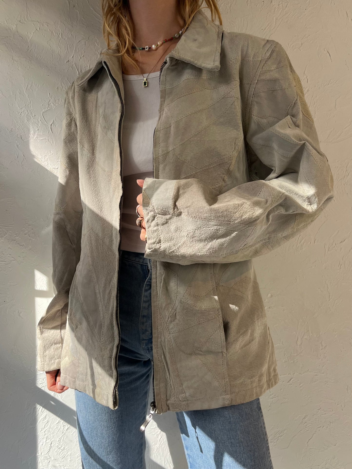 Y2K 'Leather Works' Cream Patchwork Suede Jacket / Large