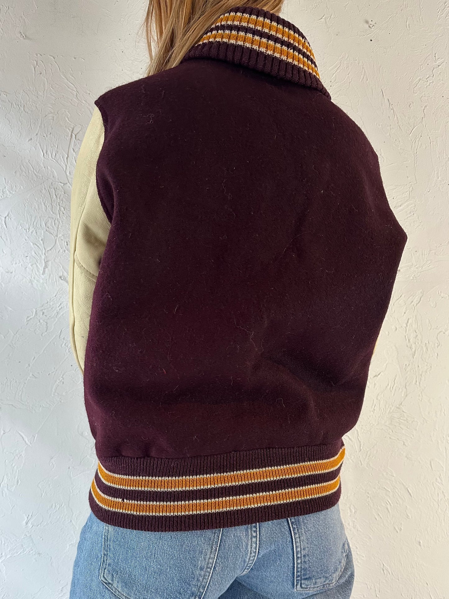 80s Leather Wool Varsity Jacket / Small