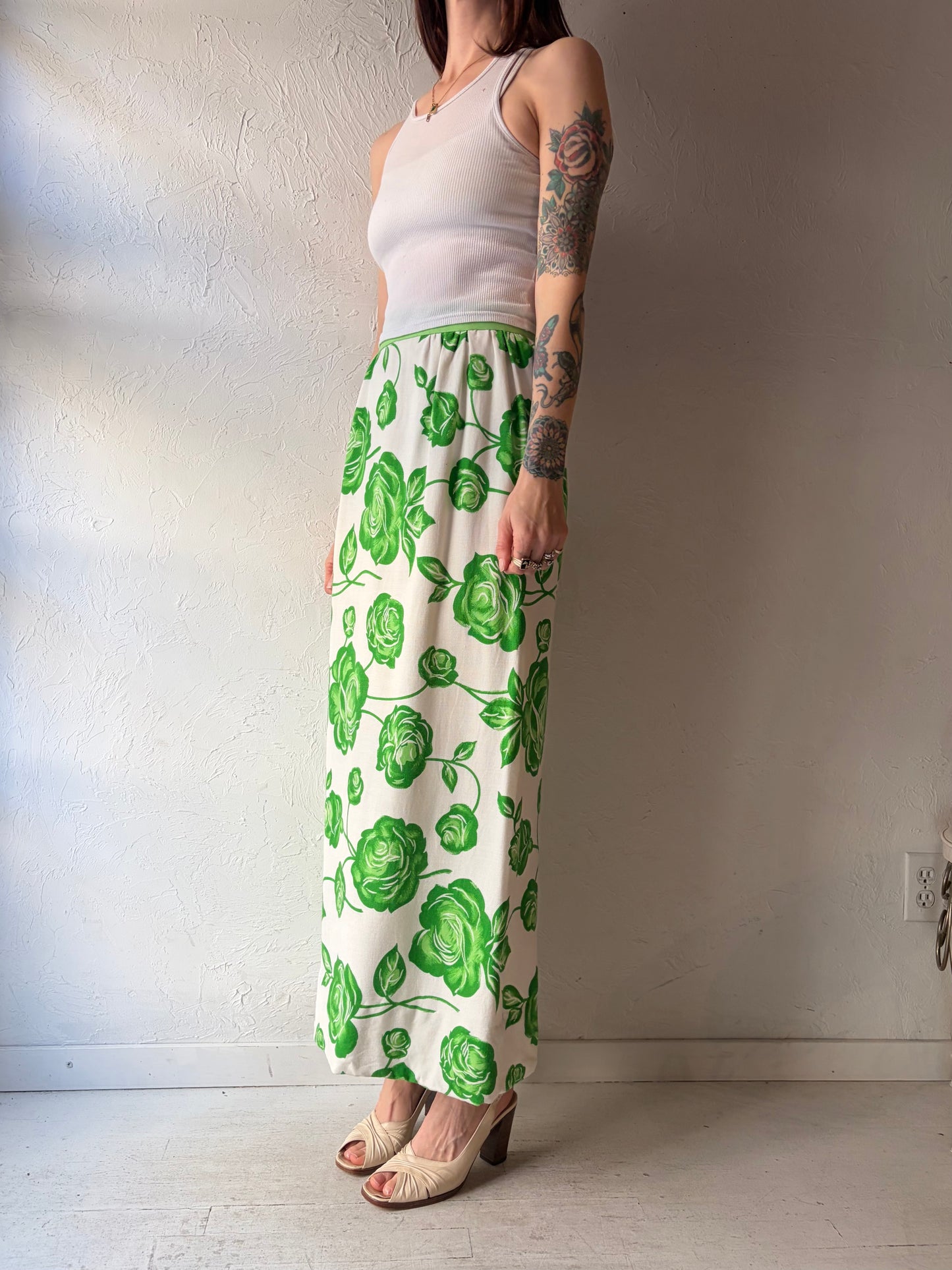 70s Handmade Green Floral Maxi Skirt / XS