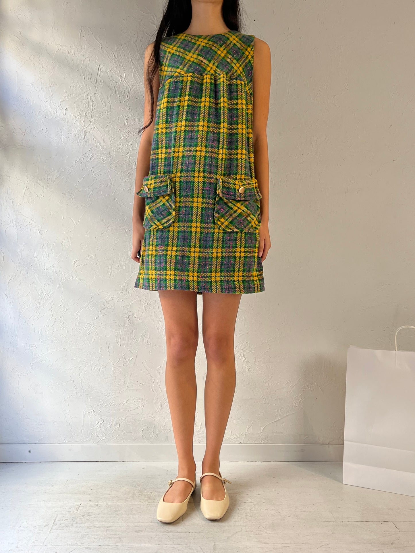 70s ‘Casualaire’ Plaid Knit Mini Dress / Small