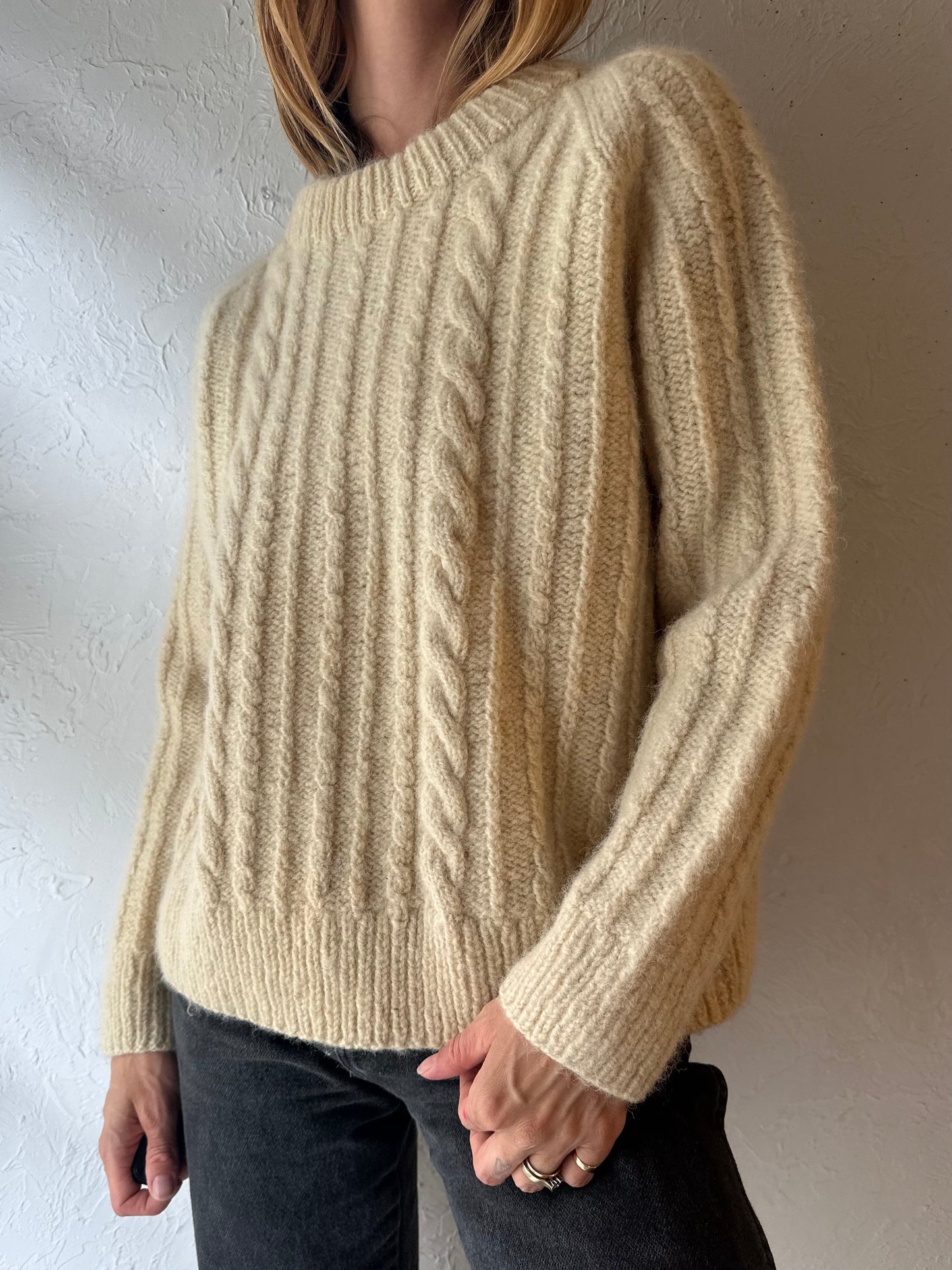 Vintage ‘Island Crafts’ Cream Wool Cable Knit Fisherman’s Sweater / Small