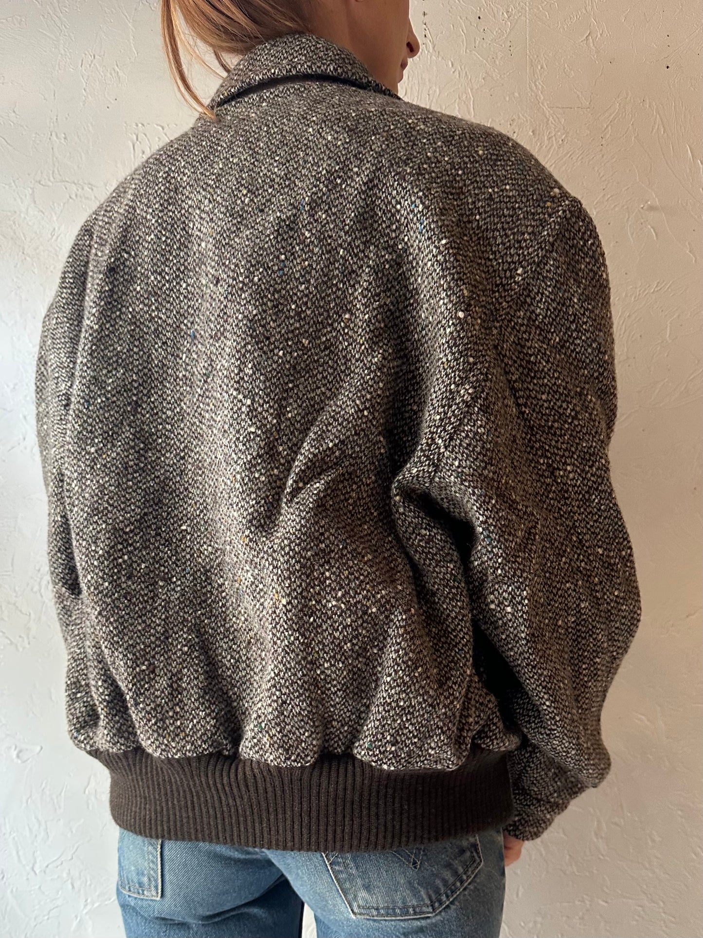 90s Brown Tweed Knit Bomber Jacket / Small