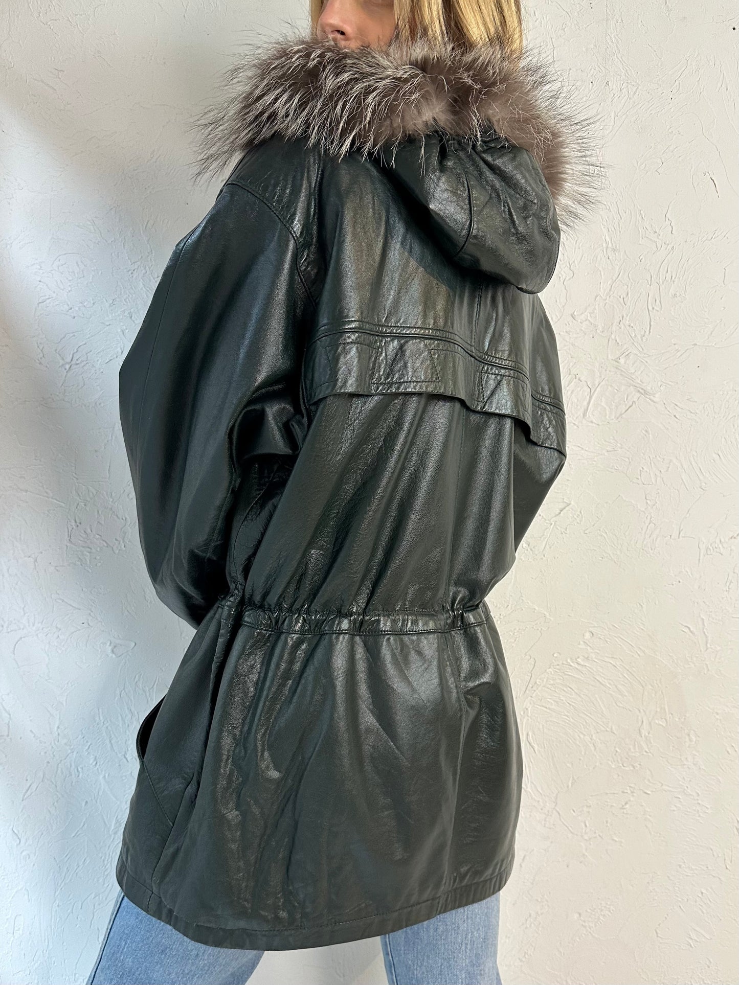 Y2k 'New Trend' Green Leather Drawstring Jacket / Medium