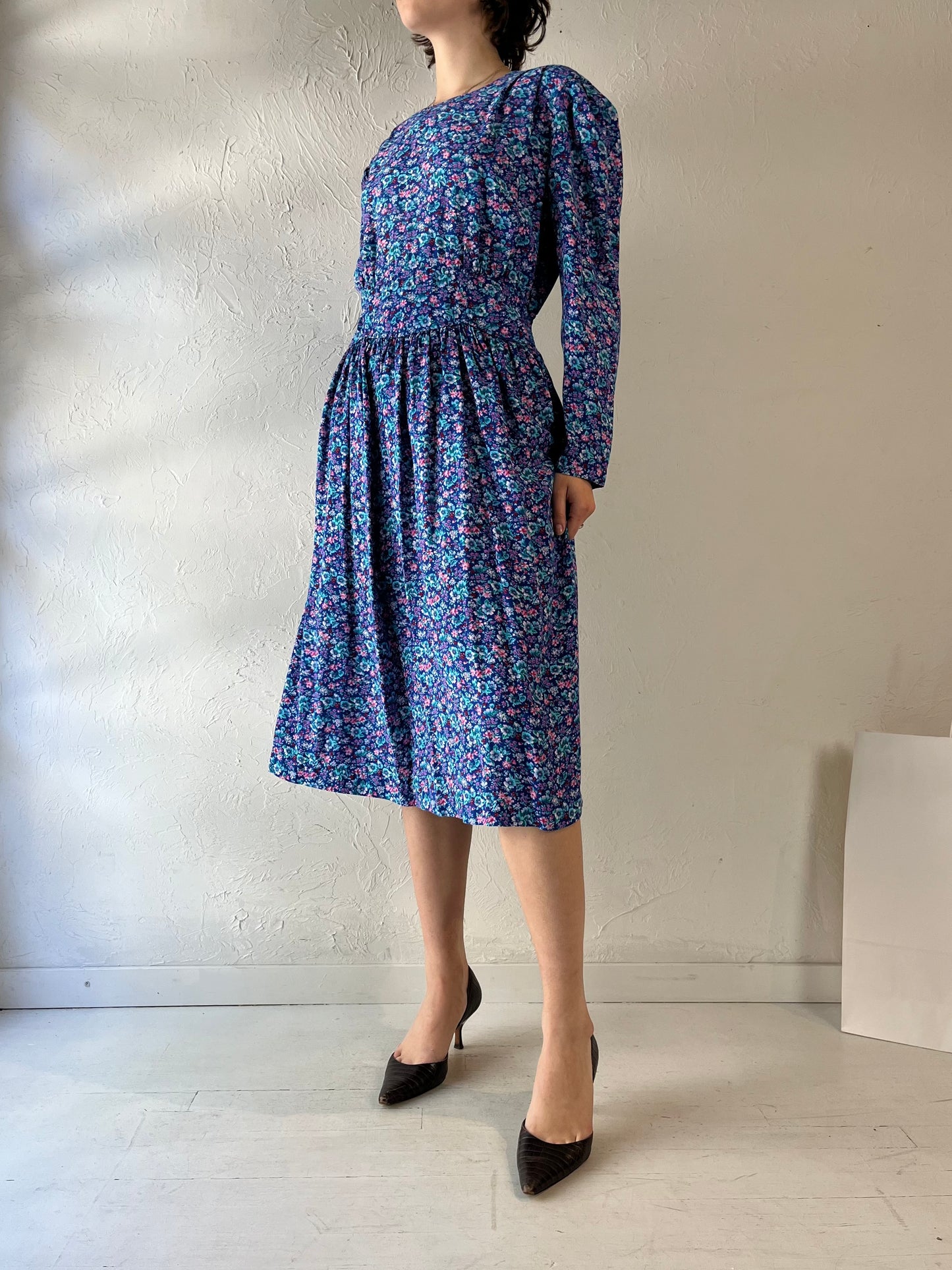 90s 'Karen Stevens' Blue Floral Print Rayon Dress / Large
