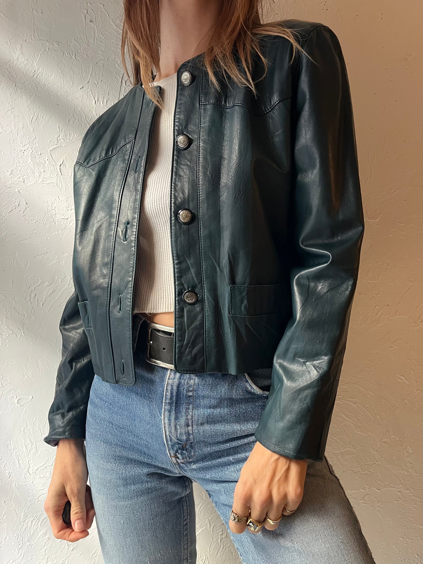 90s ‘Lanna’ Cropped Green Leather Jacket / Small