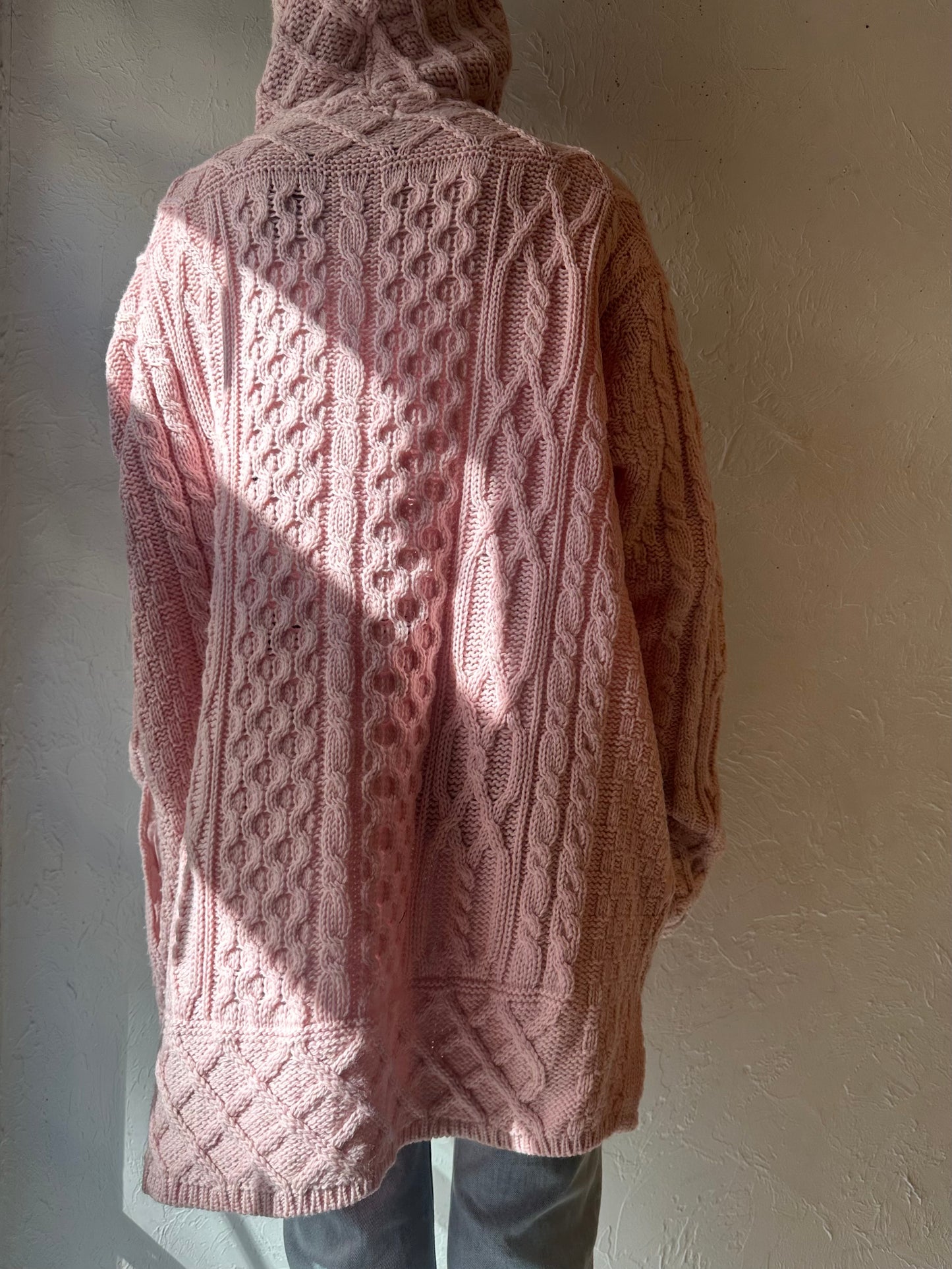 Vintage 'Arancrafts' Pink Merino Wool Cable Knit Cardigan Sweater / XXL