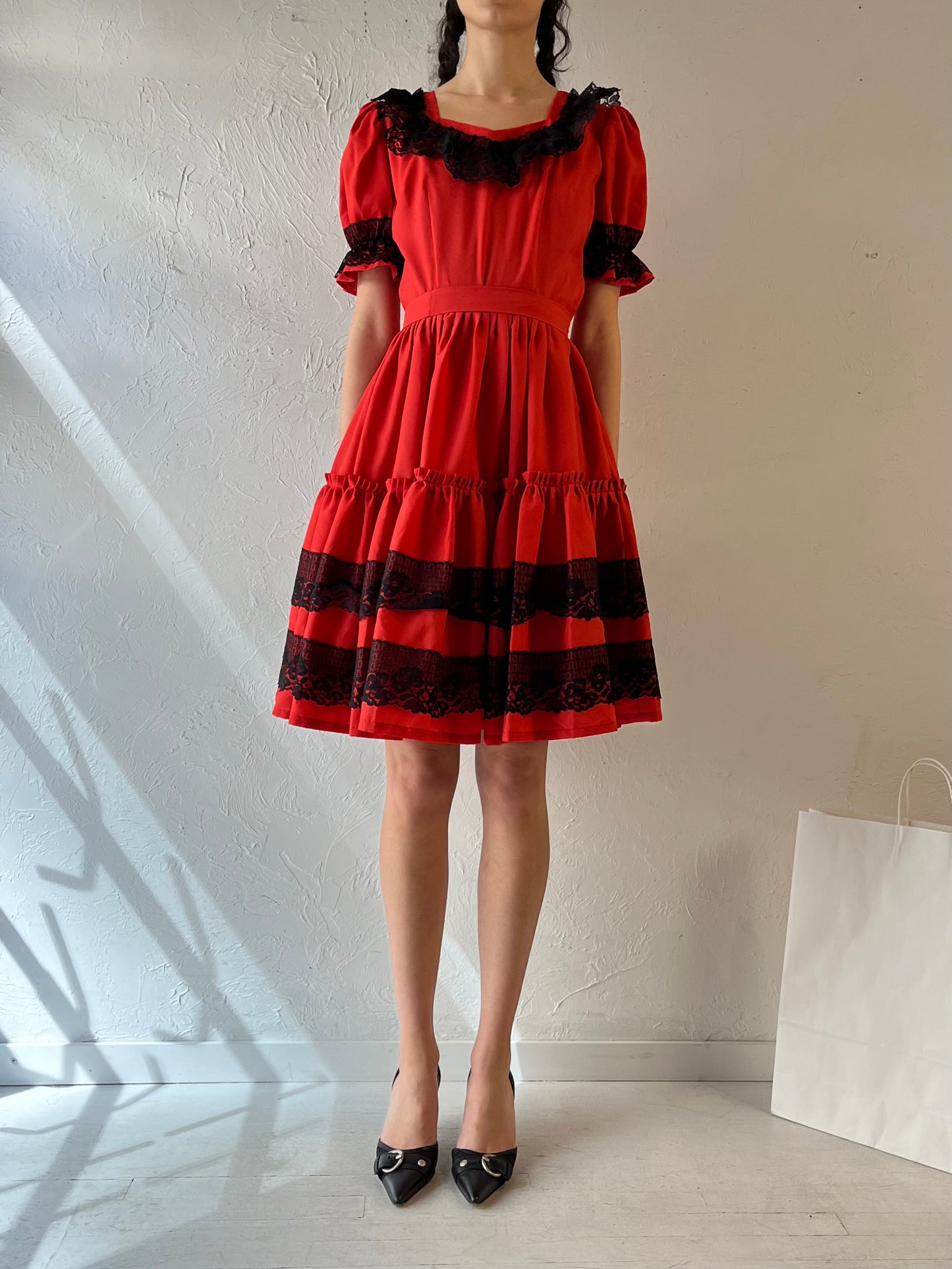 Vintage Handmade Red Puff Sleeve Dress / Small - Medium