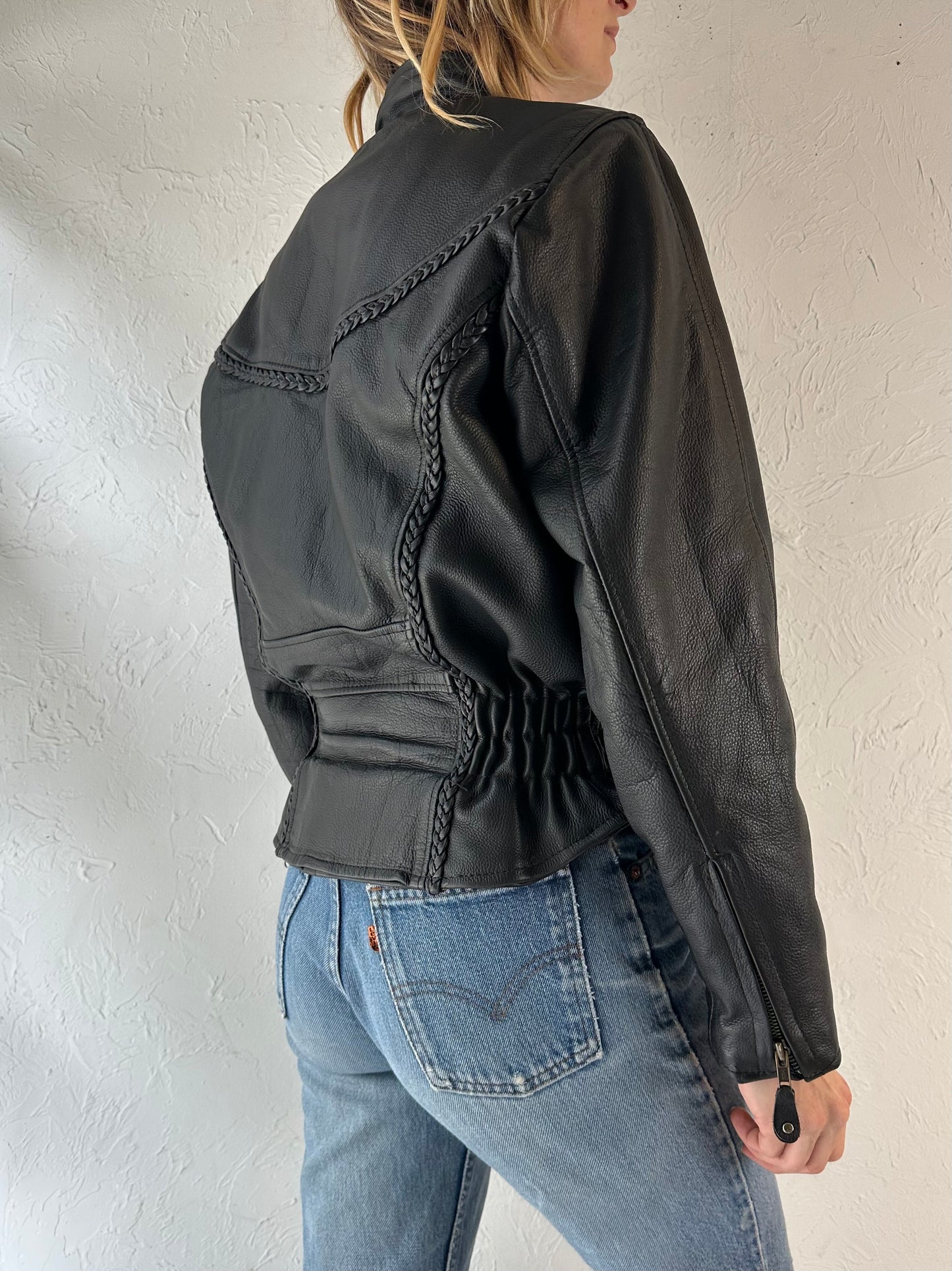 90s 'Hot Leathers' Heavy Duty Black Leather Jacket / Medium