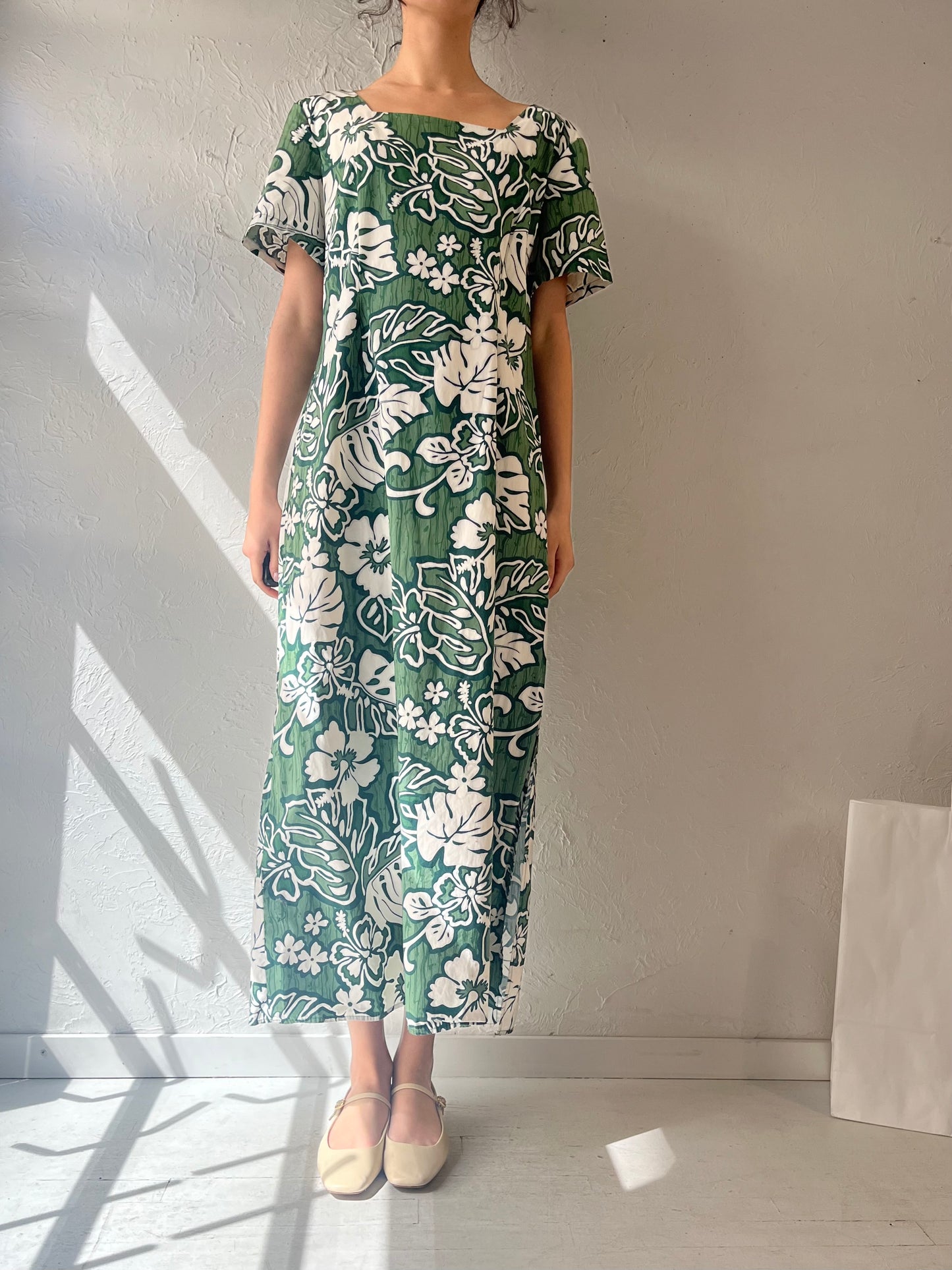 80s 'Hoku' Green Hawaiian Print Floral Muu Muu Dress / Medium