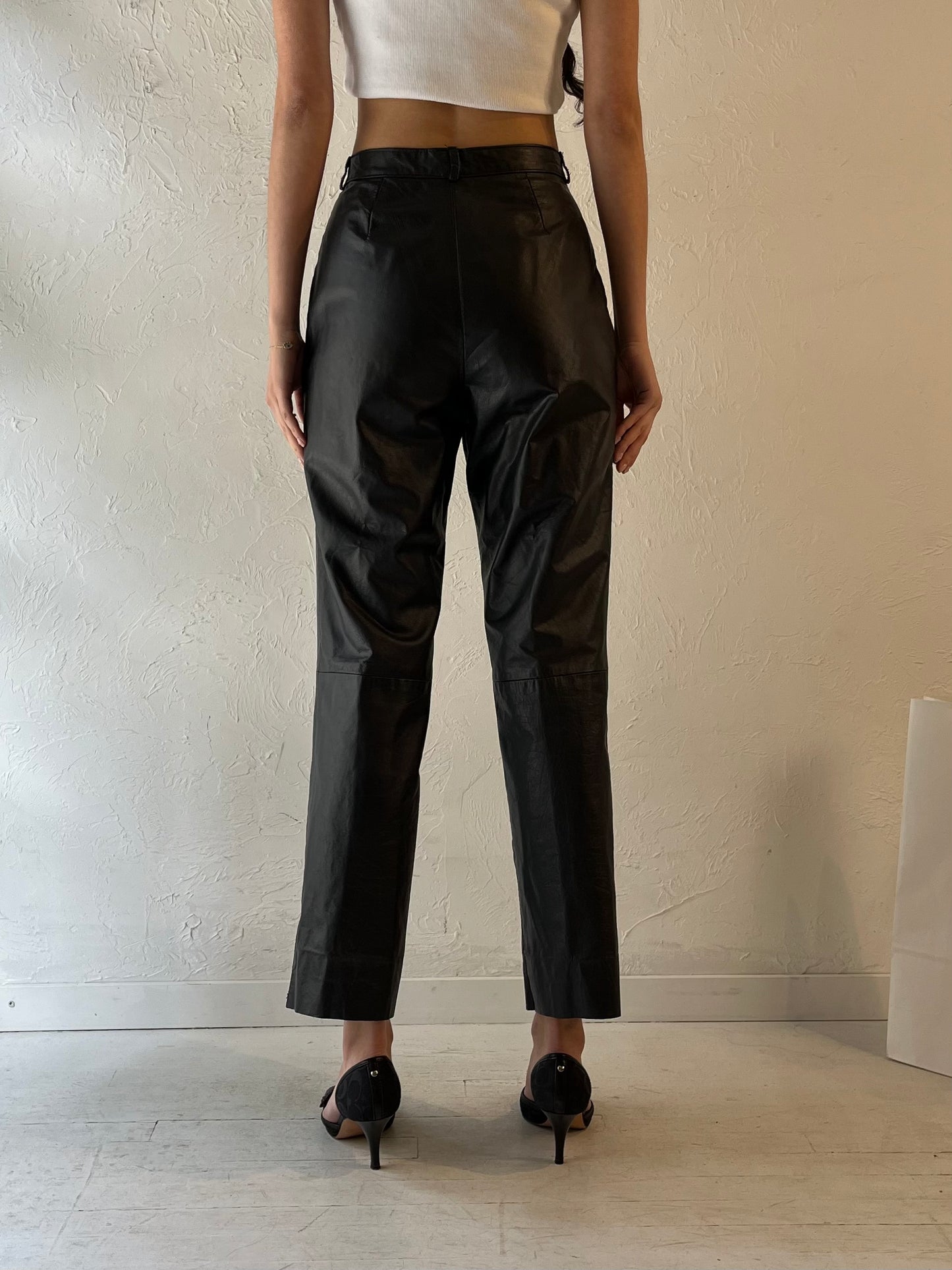 90s Black Leather High Waisted Pants / Small / 25" Waist