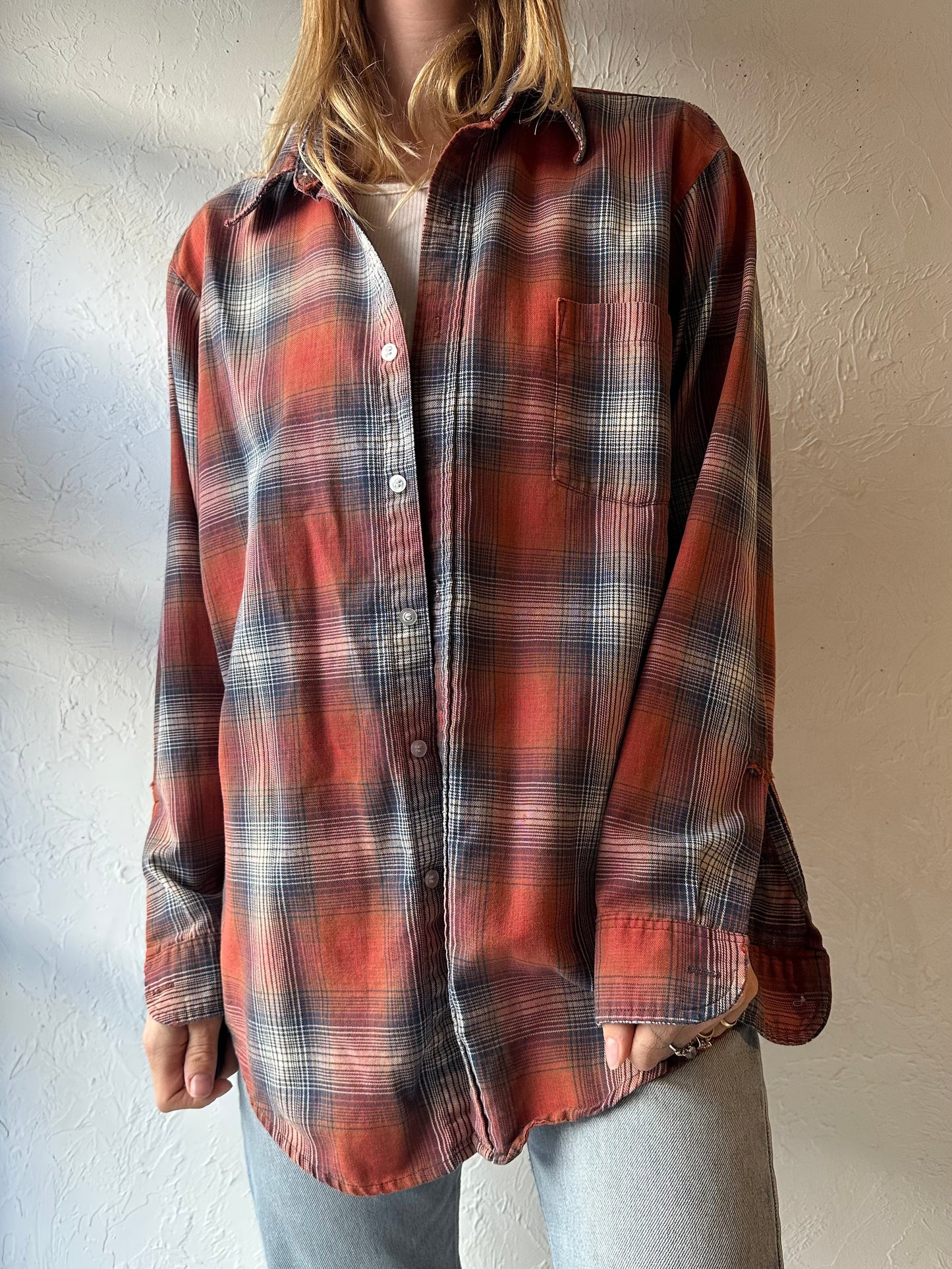 90s ‘MWG’ Orange Plaid Cotton Button Up Shirt / Medium