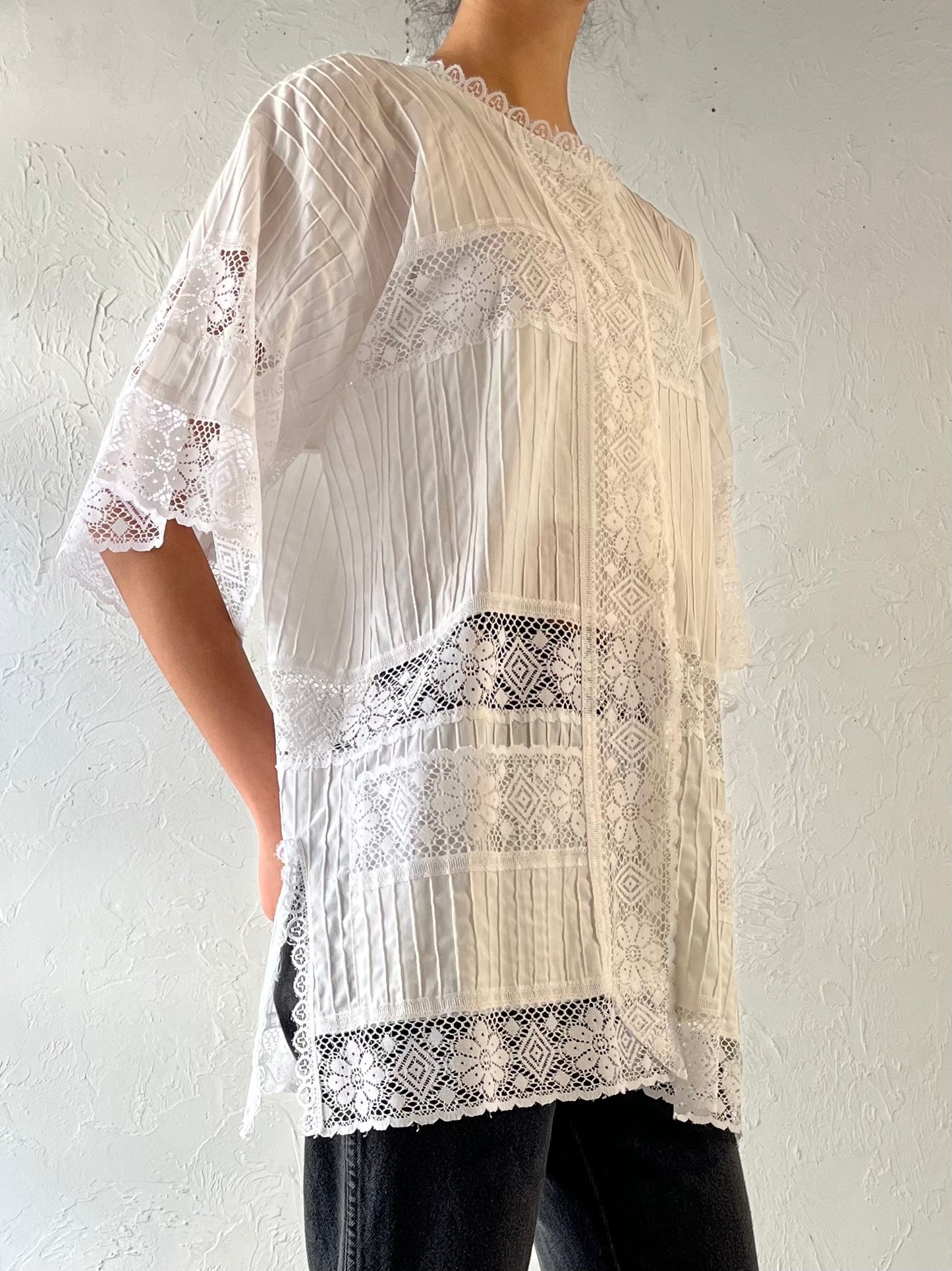 70s White Lace Button Up Blouse / Cover Up / Medium