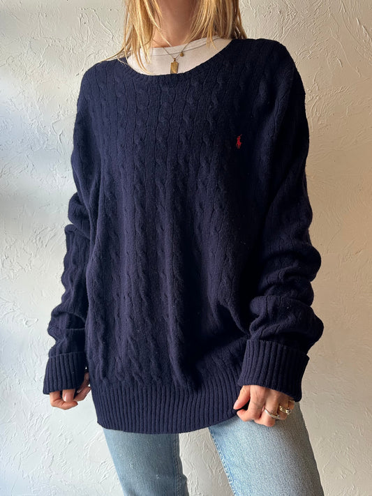 90s ‘Ralph Lauren’ Blue Cable Knit Wool Sweater / XL
