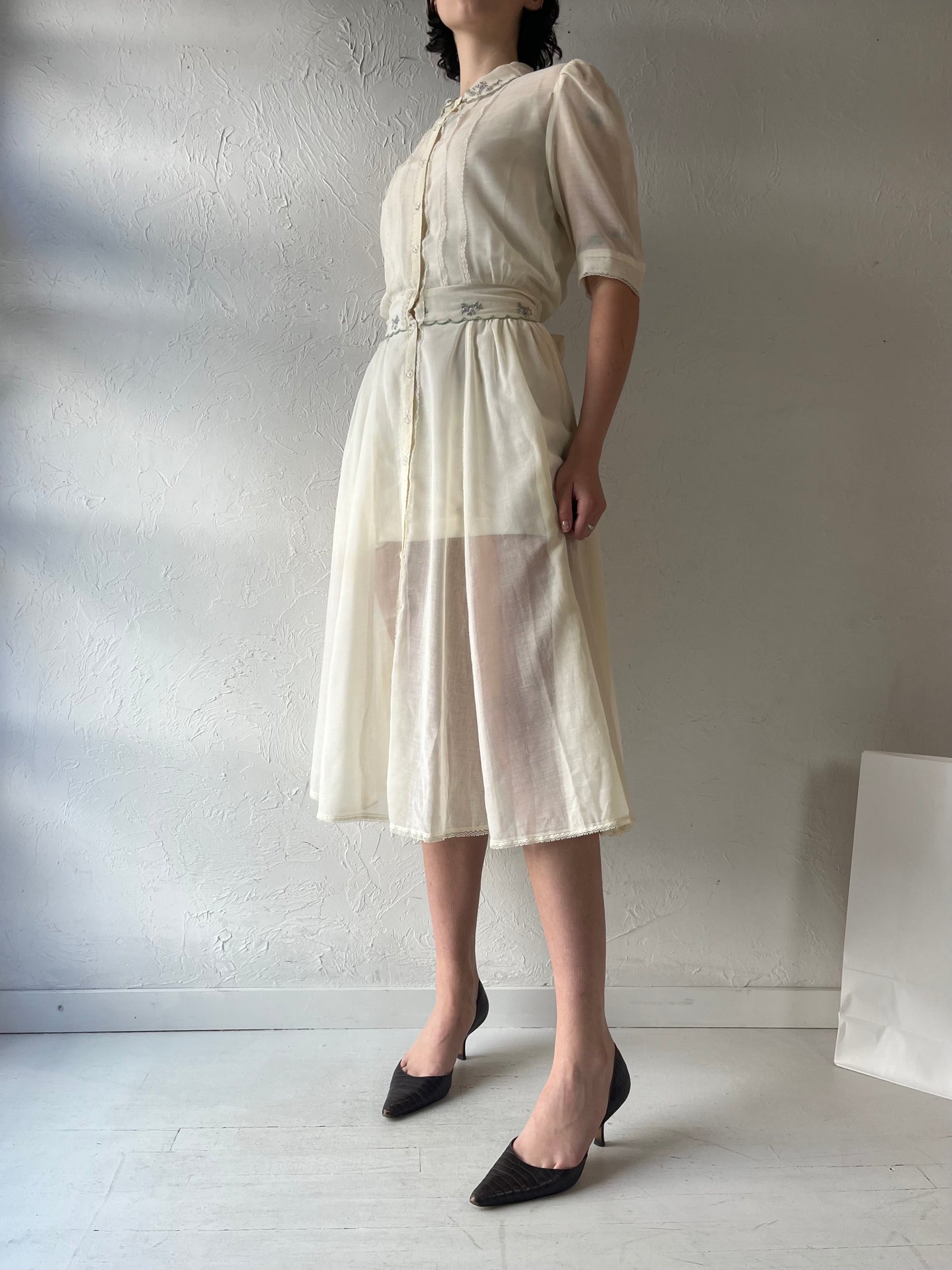 70s 'Gunne Sax' Sheer Cream Cotton Dress / Small
