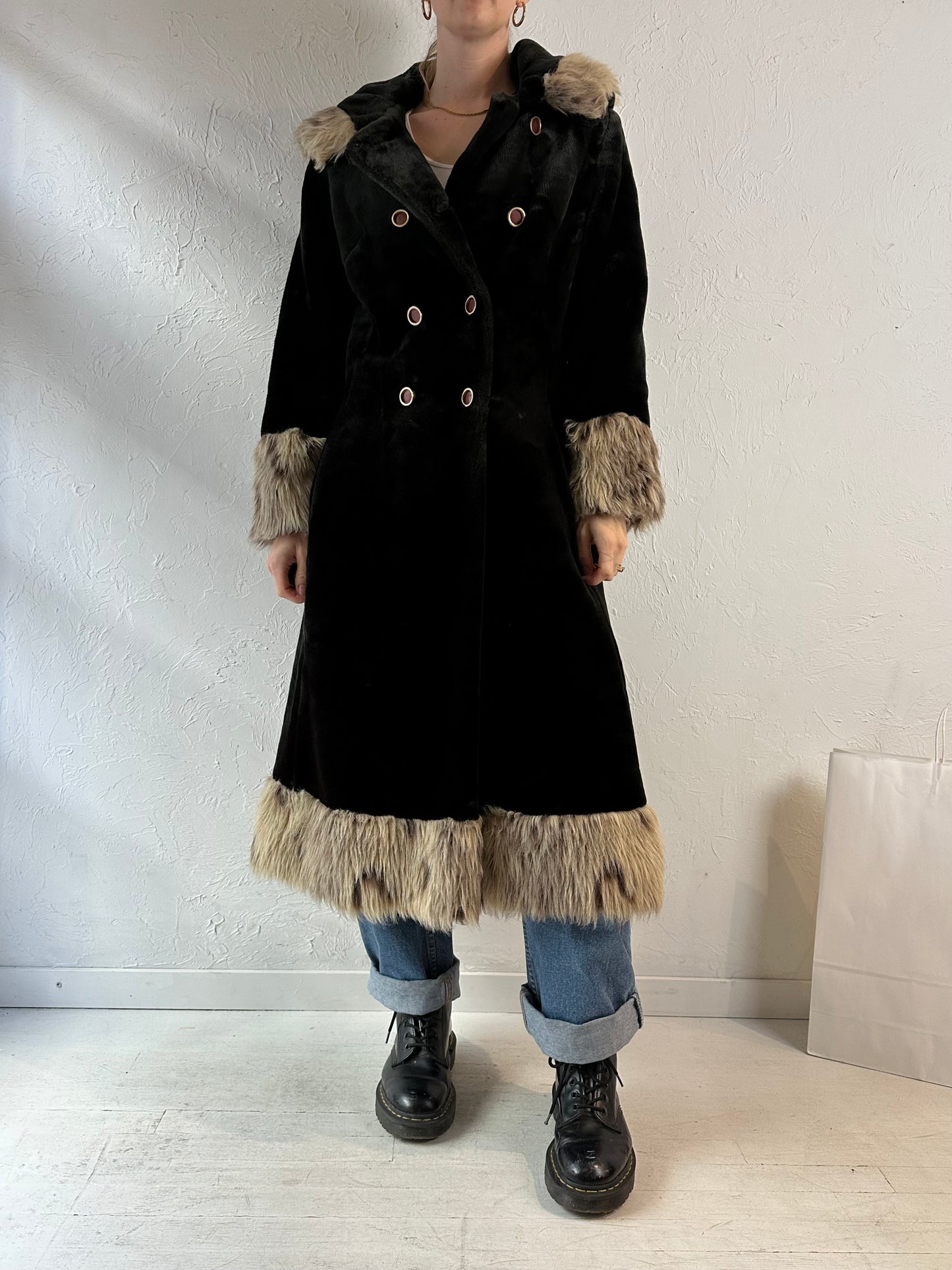 Vintage Black Faux Fur Hooded Coat / Medium