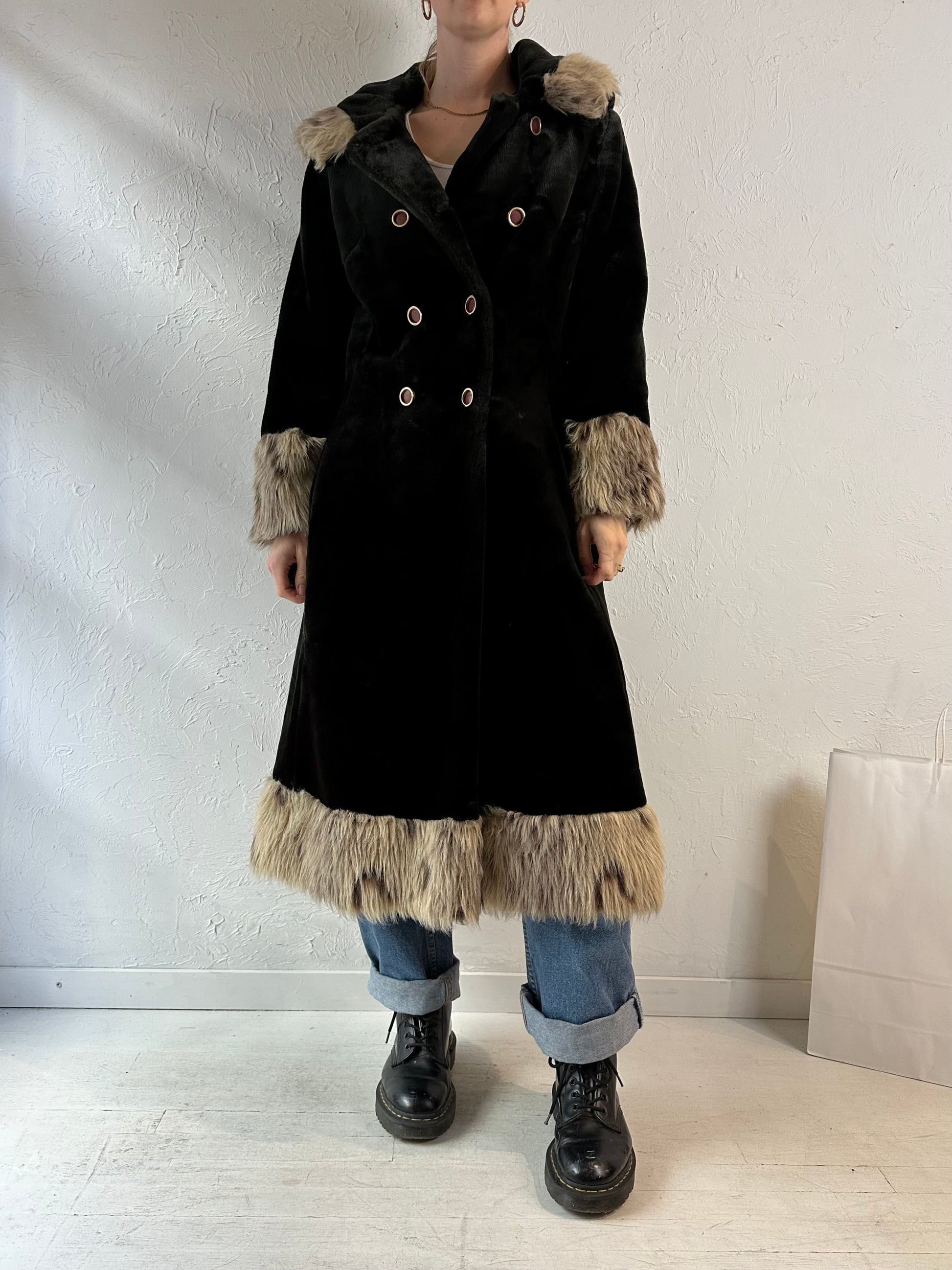 Vintage Black Faux Fur Hooded Coat / Medium