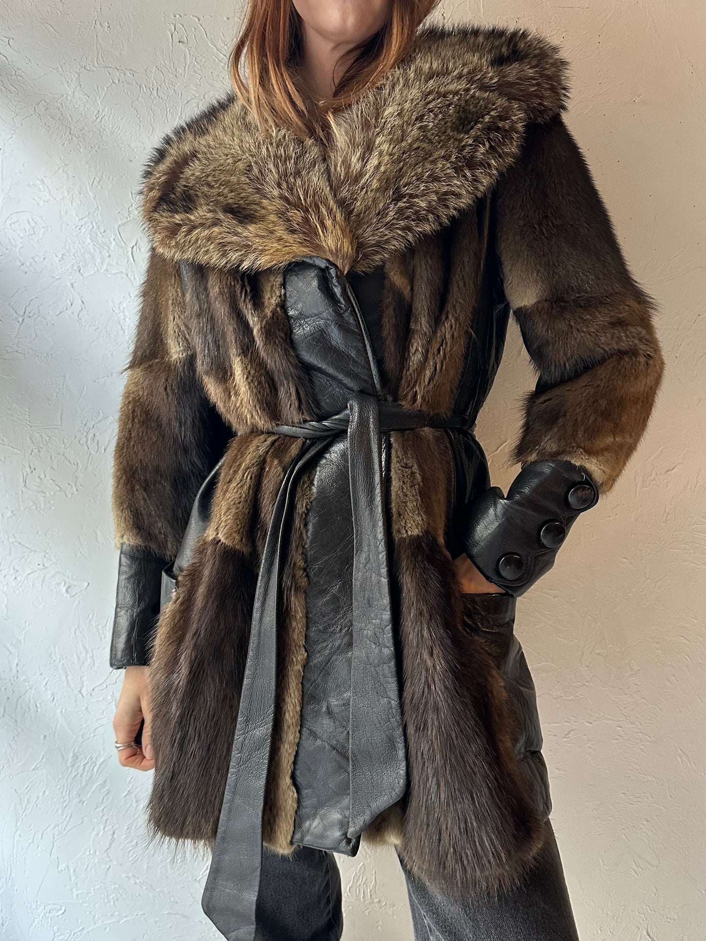 Vintage Fur Coat with Leather Panels / Small