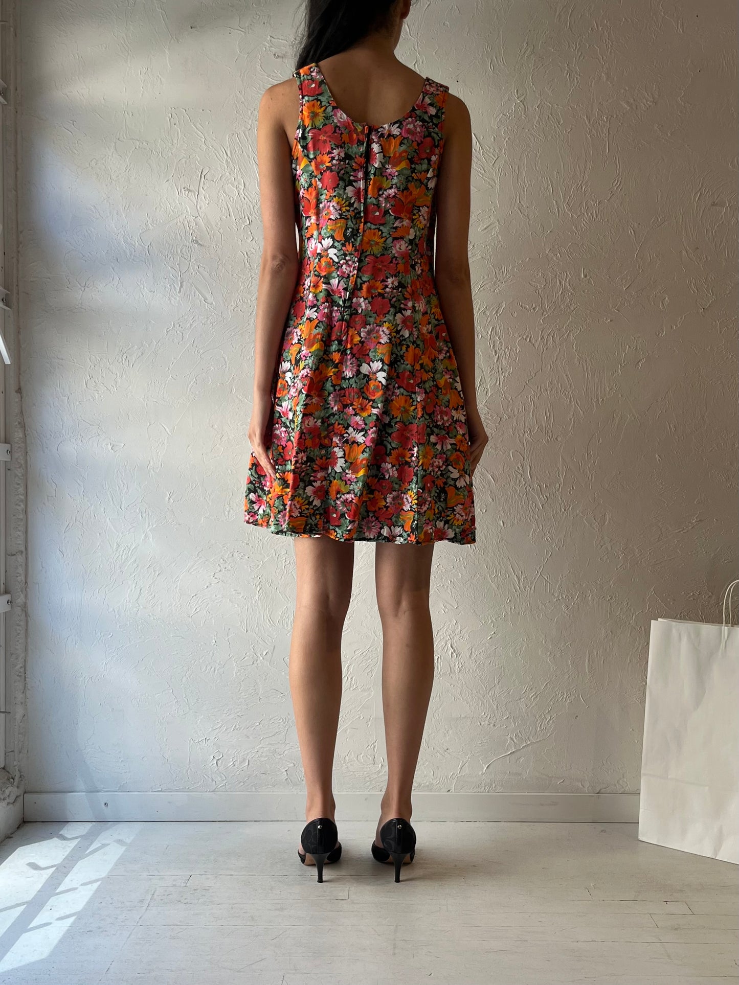90s ‘Beechers Brook’ Orange Floral Mini Dress / Medium