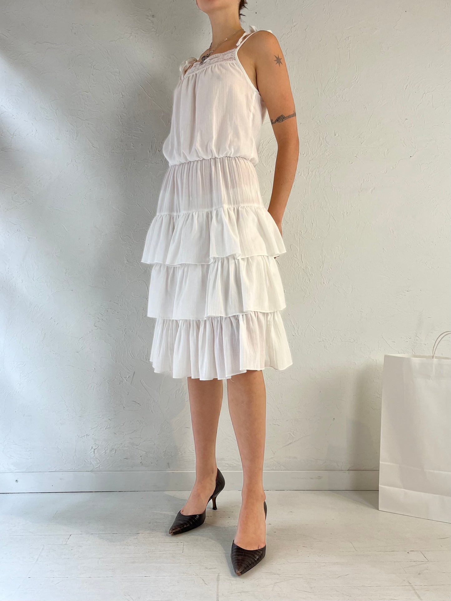 70s 'Joseph Ribkoff' White Tiered Midi Dress / Union Made / Small