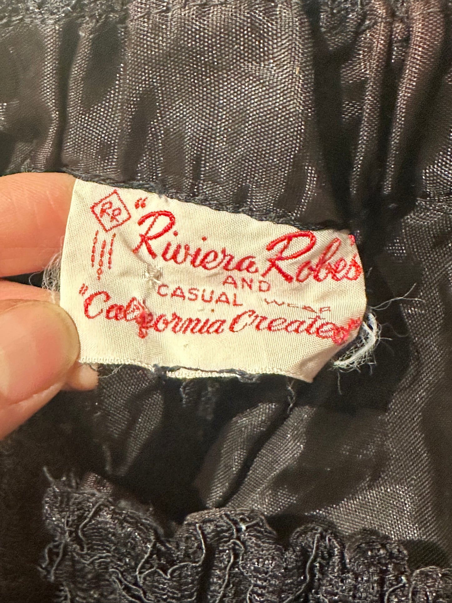 70s ‘Riviera Robes’ Black Lace Bell Bottoms / Large