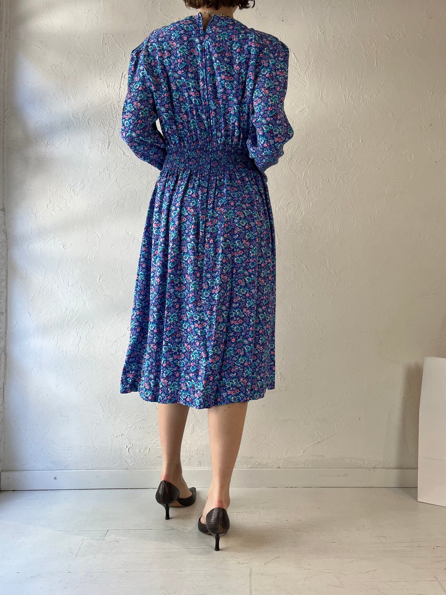90s 'Karen Stevens' Blue Floral Print Rayon Dress / Large