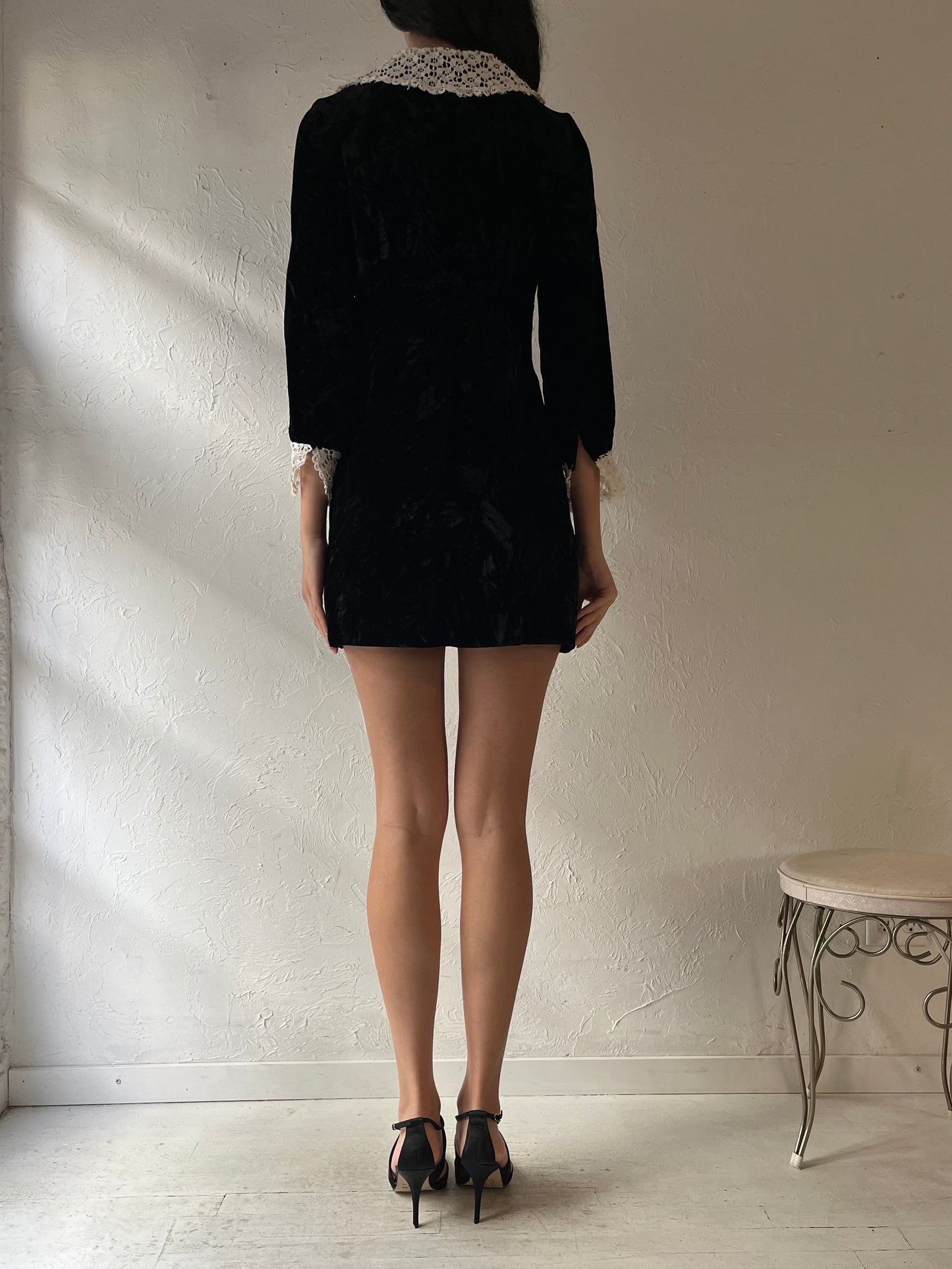 70s 'Perri' Black Long Sleeve Velvet Mini Dress / Small