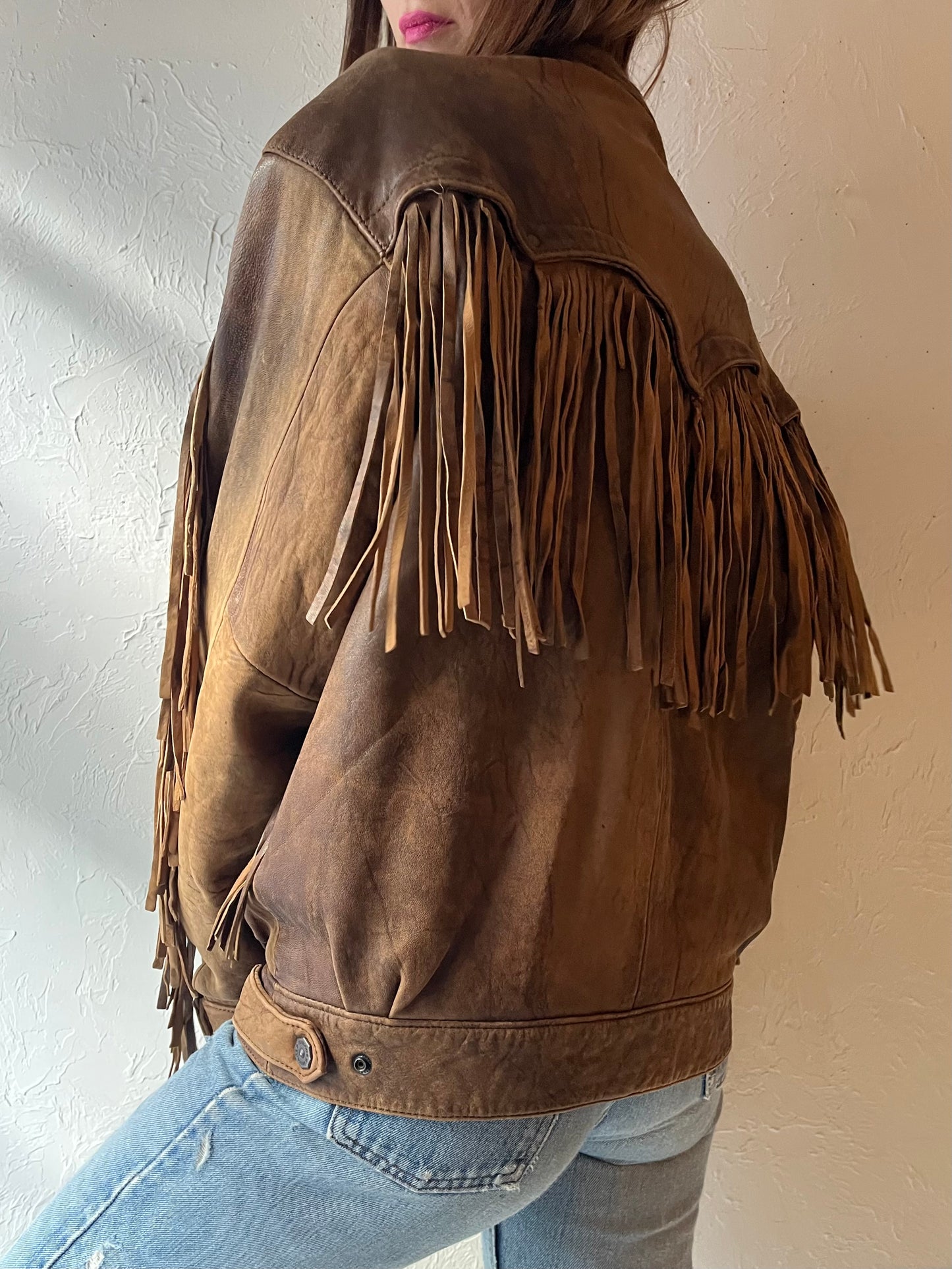 80s ‘Mirage’ Brown Fringe Leather Bomber Jacket / Medium