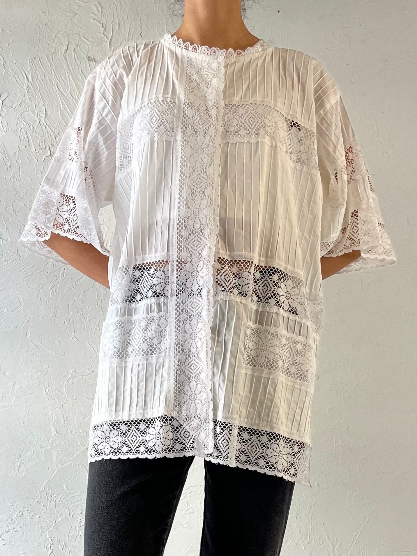 70s White Lace Button Up Blouse / Cover Up / Medium