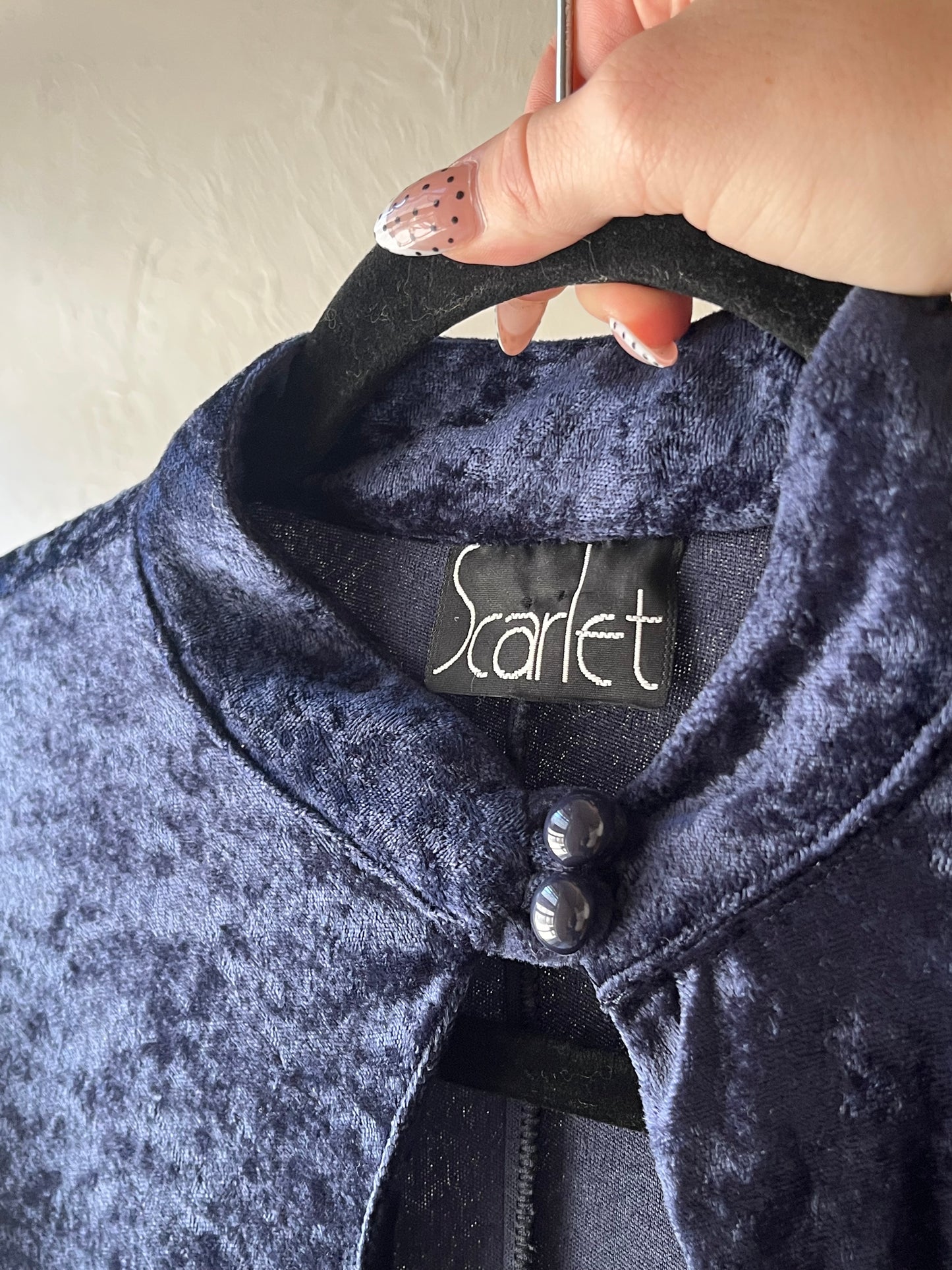 90s 'Scarlet' Navy Blue Crushed Velvet Key Hole Dress / Medium