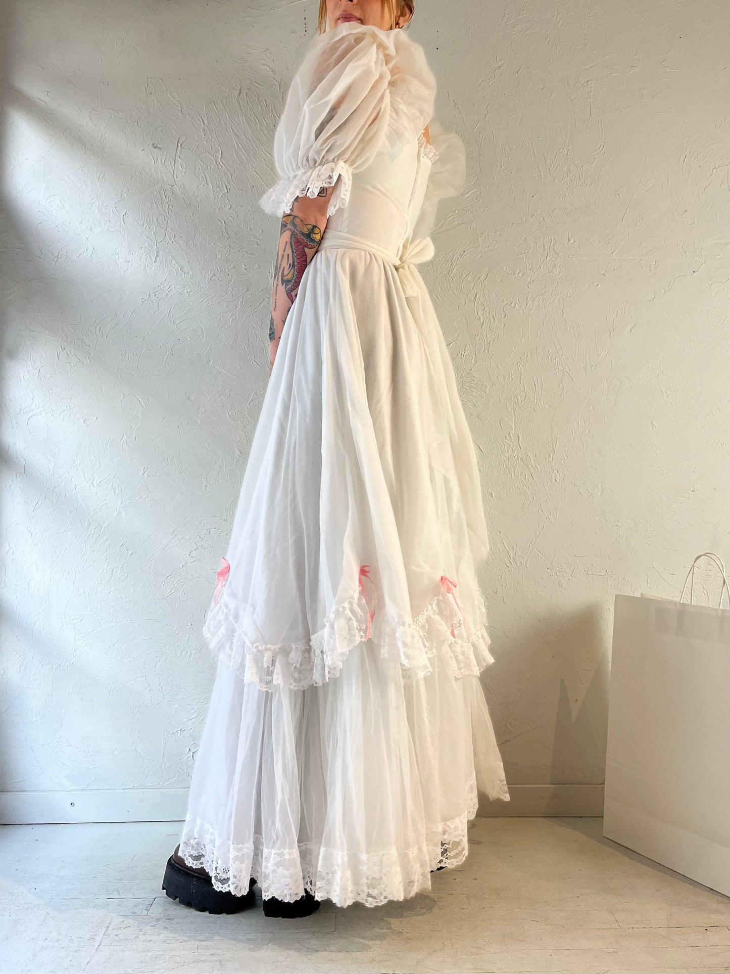 70s White Puff Sleeve Romantic Maxi Dress / Small