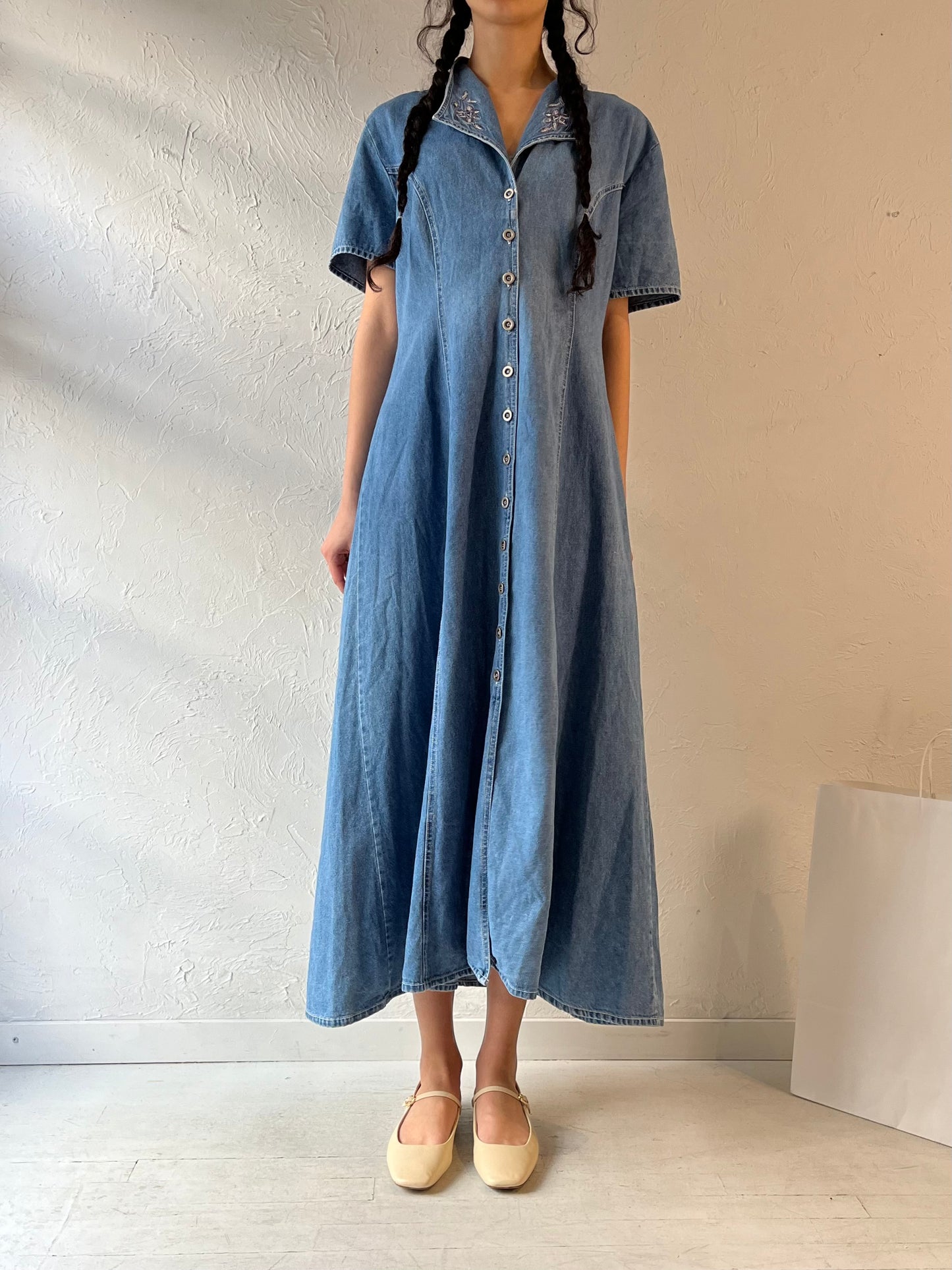 90s ‘Tickets’ Embroidered Denim Dress / Large