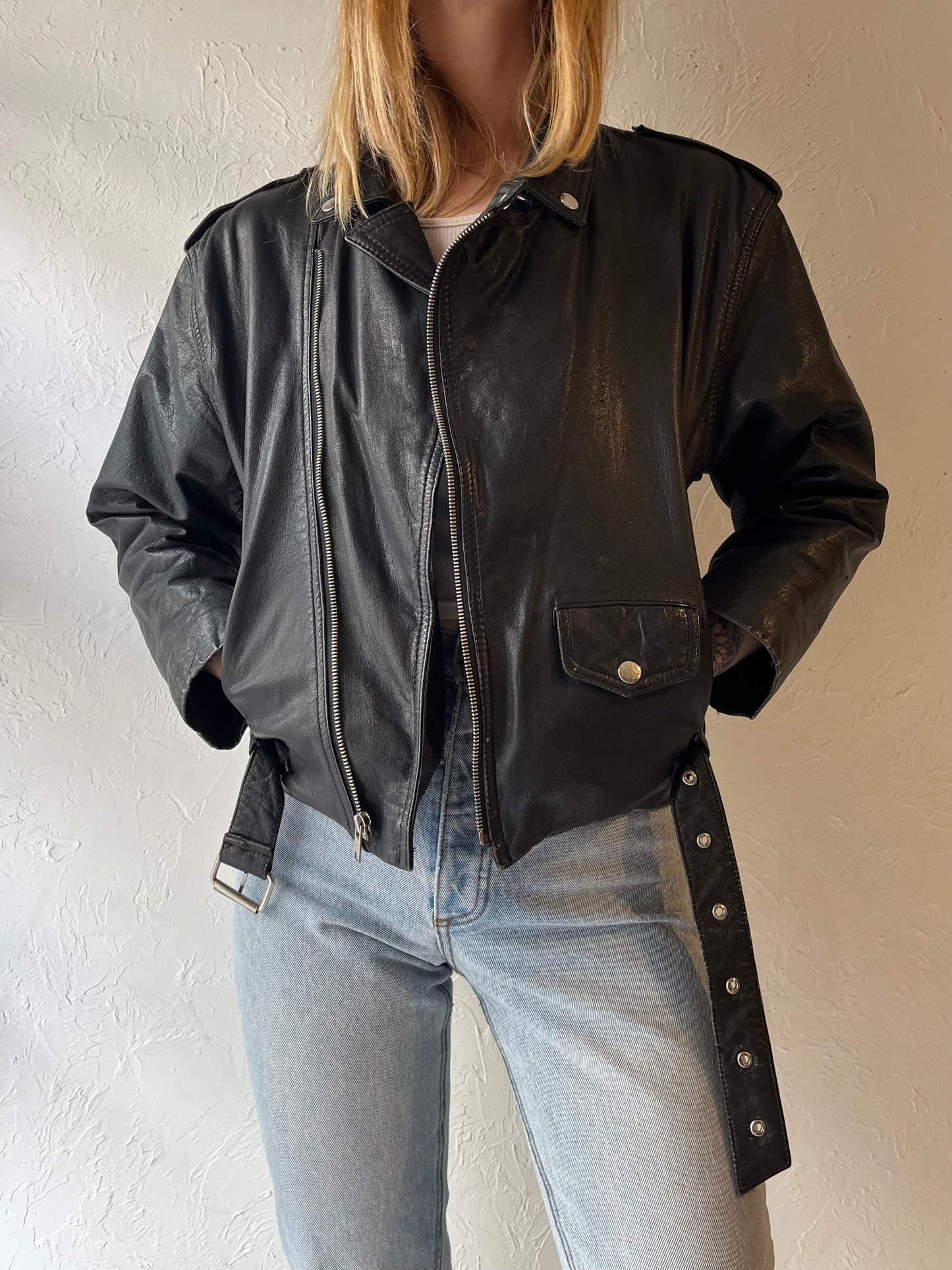 90s Black Leather Moto Style Jacket / XSmall