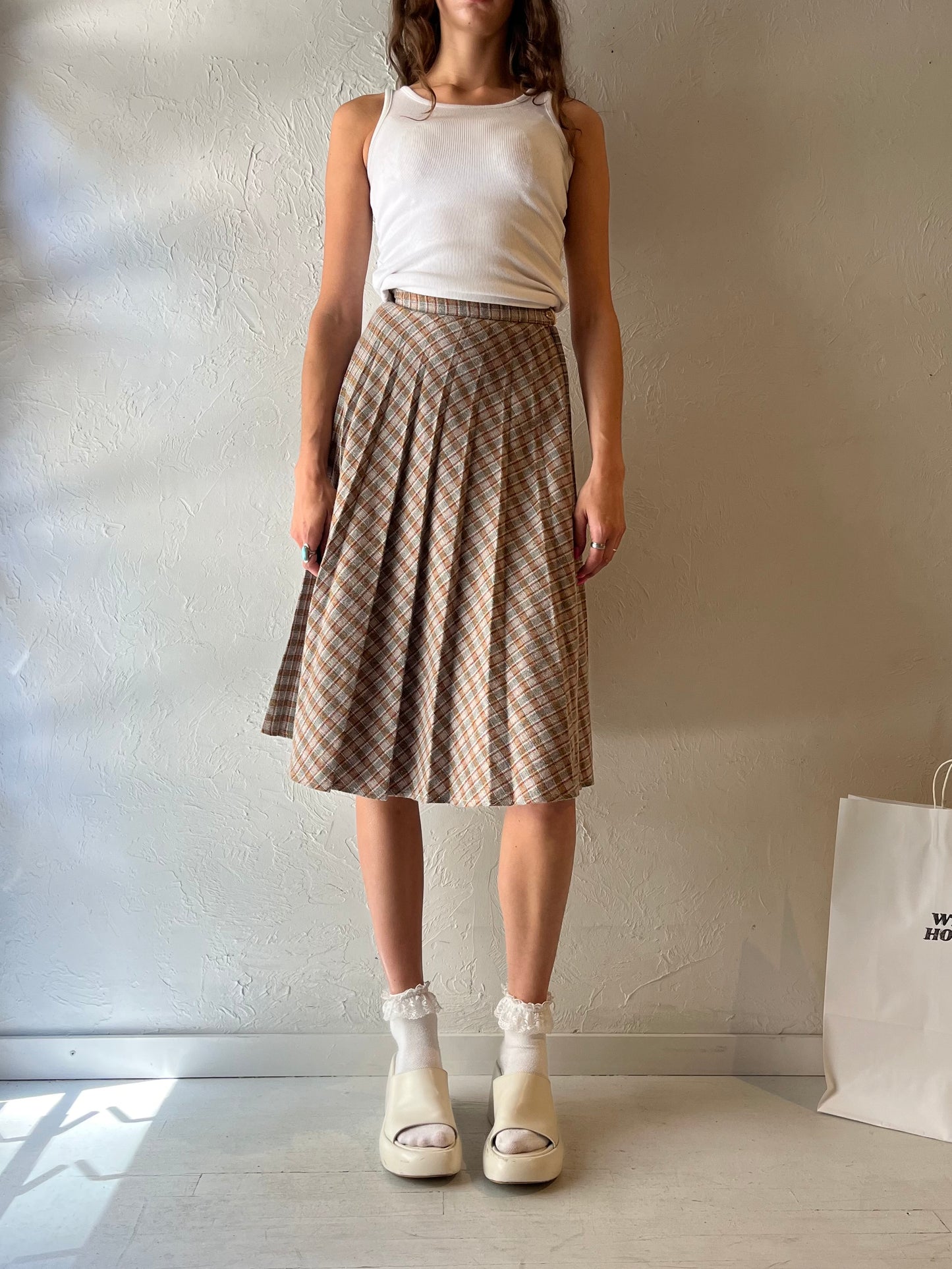 70s Knit Plaid Midi Skirt / XS