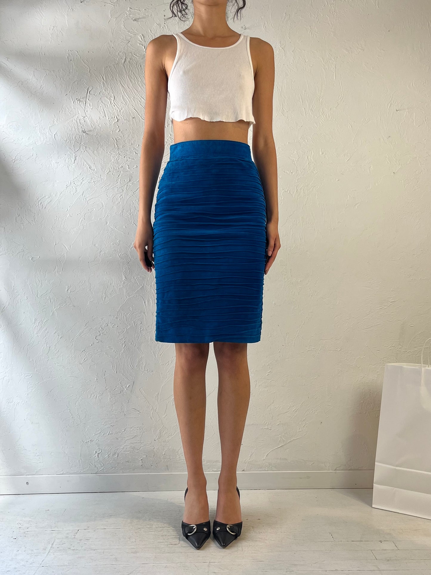 80s ‘Old Mill’ Blue Leather Pencil Skirt / Small
