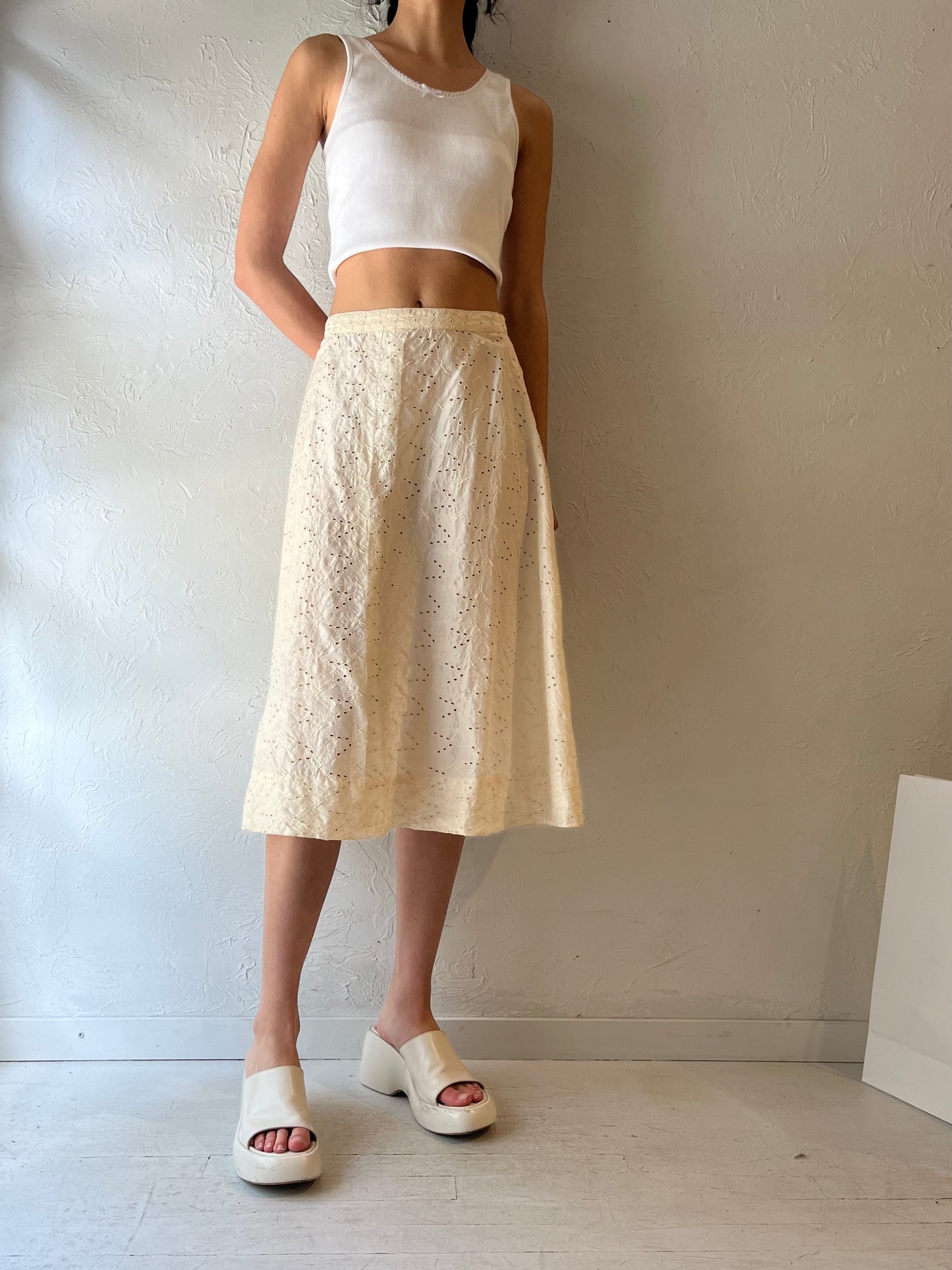 Vintage Cream Eyelet Butterfly Print Midi Skirt / Small