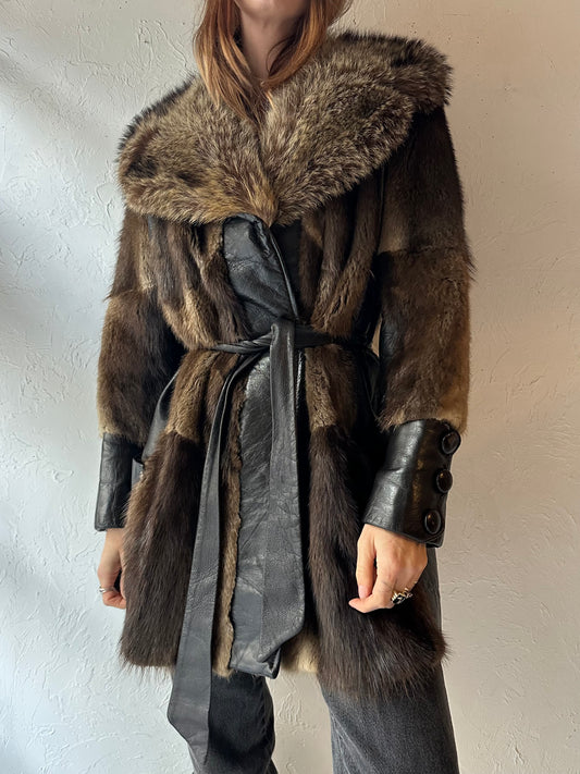 Vintage Fur Coat with Leather Panels / Small