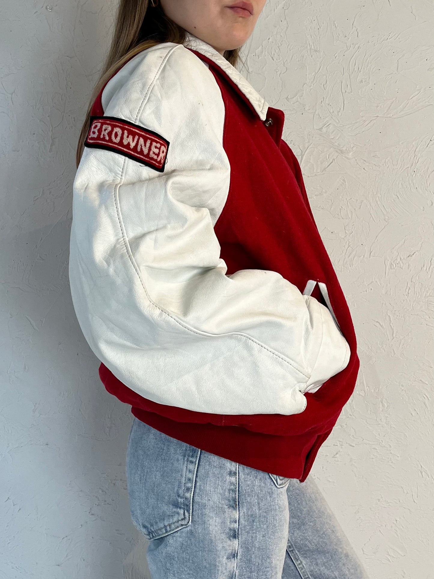 80s 'Team Sales' Red Varsity Bomber Jacket / Small