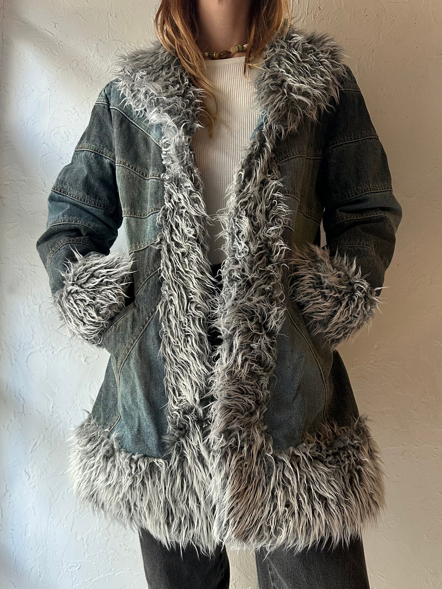 90s Y2k 'Giacca' Denim Faux Fur Jacket / Medium
