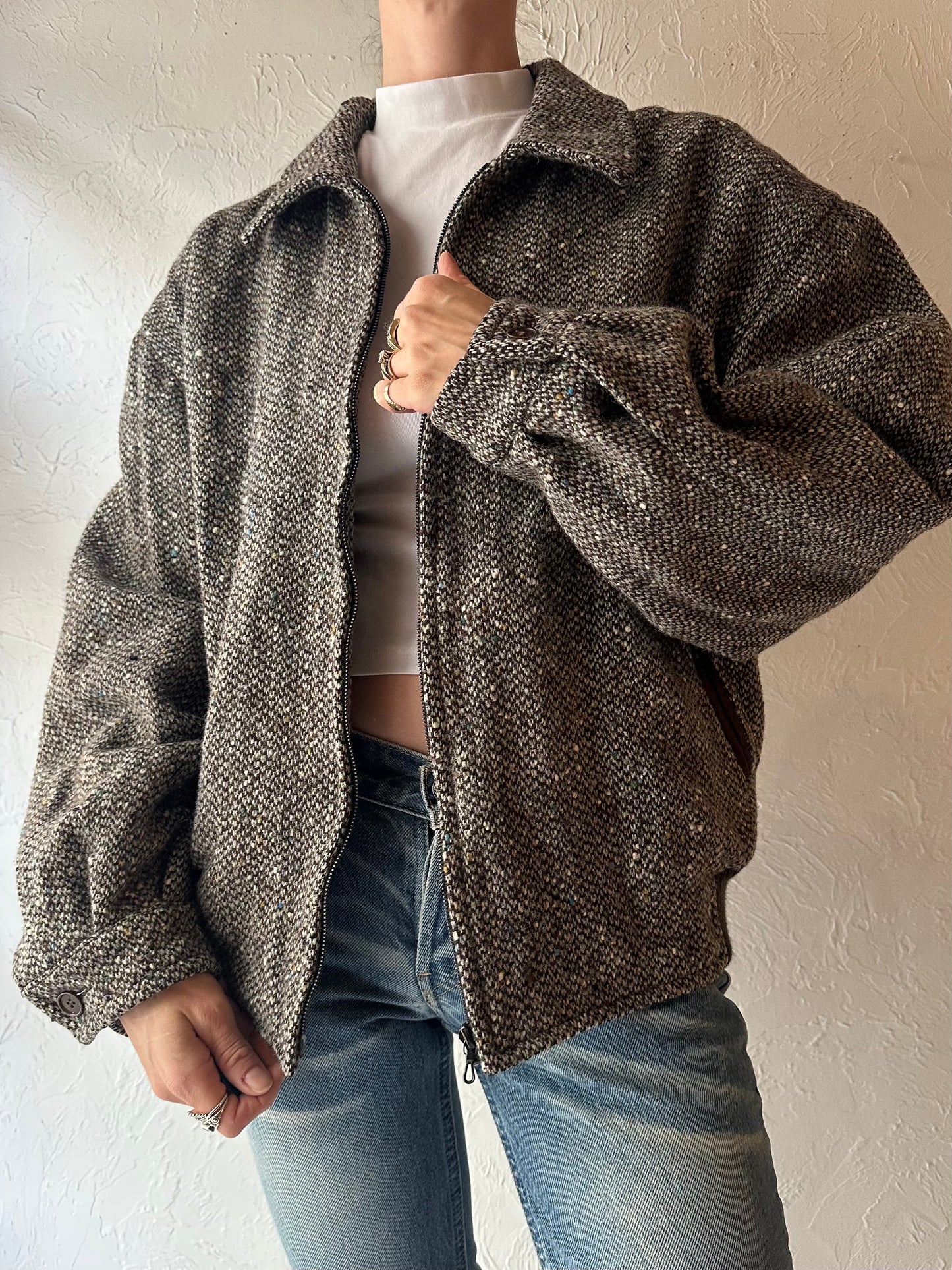90s Brown Tweed Knit Bomber Jacket / Small