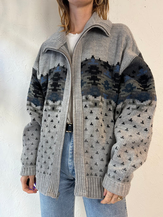 90s 'London Fog' Gray Acrylic Knit Zip Up Cardigan Sweater / Large