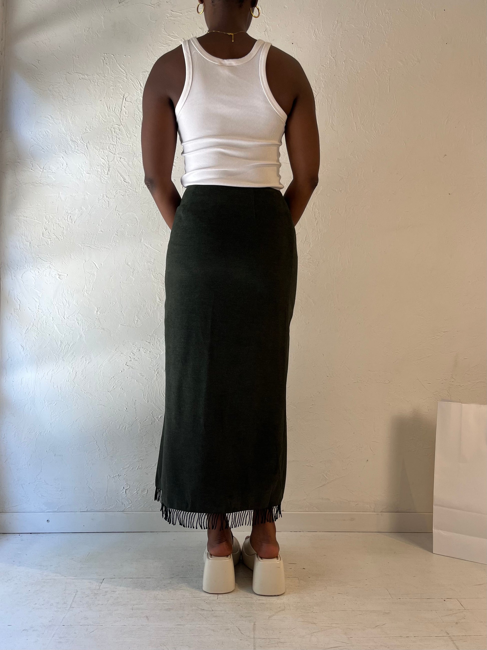 90s 'Dalia' Dark Green Micro Suede Maxi Skirt / Medium