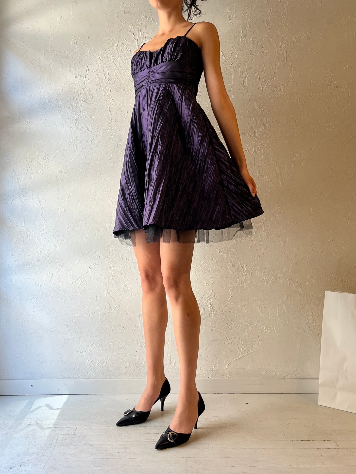 90s ‘Le Chateau’ Purple Crinkle Mini Dress / Small