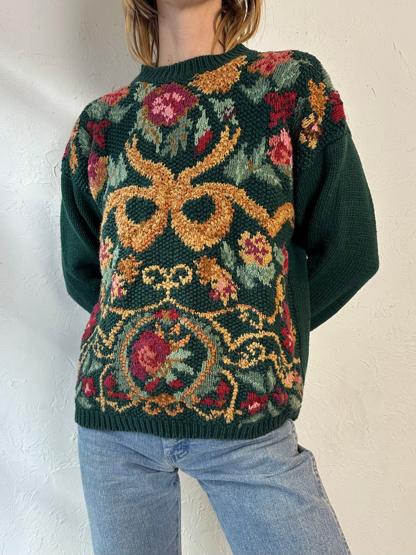 Y2K 'Rachel Max' Green Floral Knit Sweater / Medium
