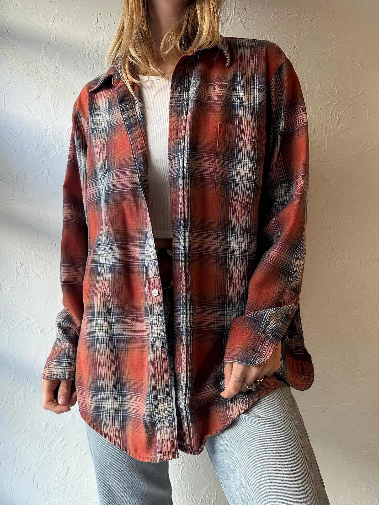 90s ‘MWG’ Orange Plaid Cotton Button Up Shirt / Medium