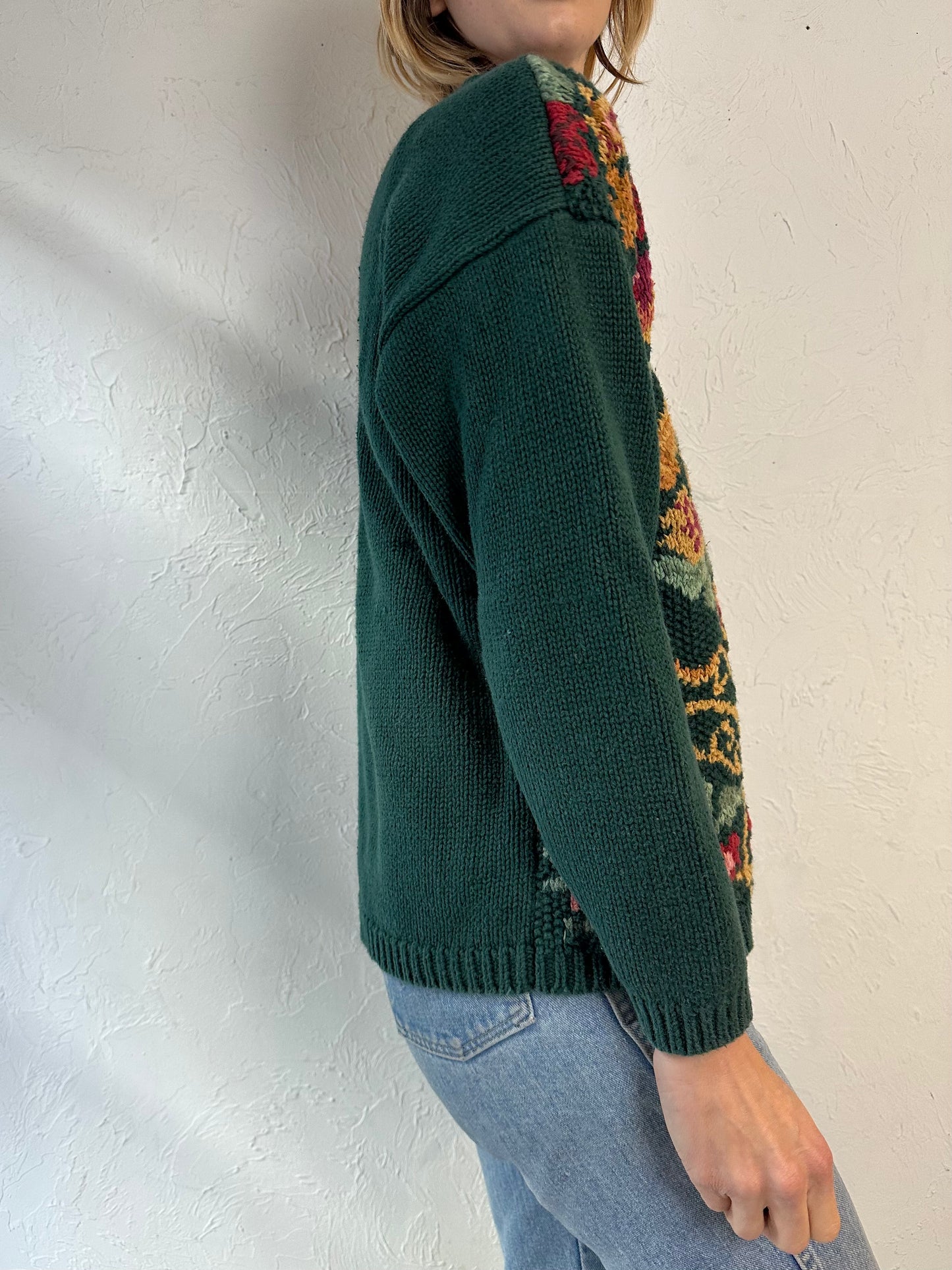 Y2K 'Rachel Max' Green Floral Knit Sweater / Medium