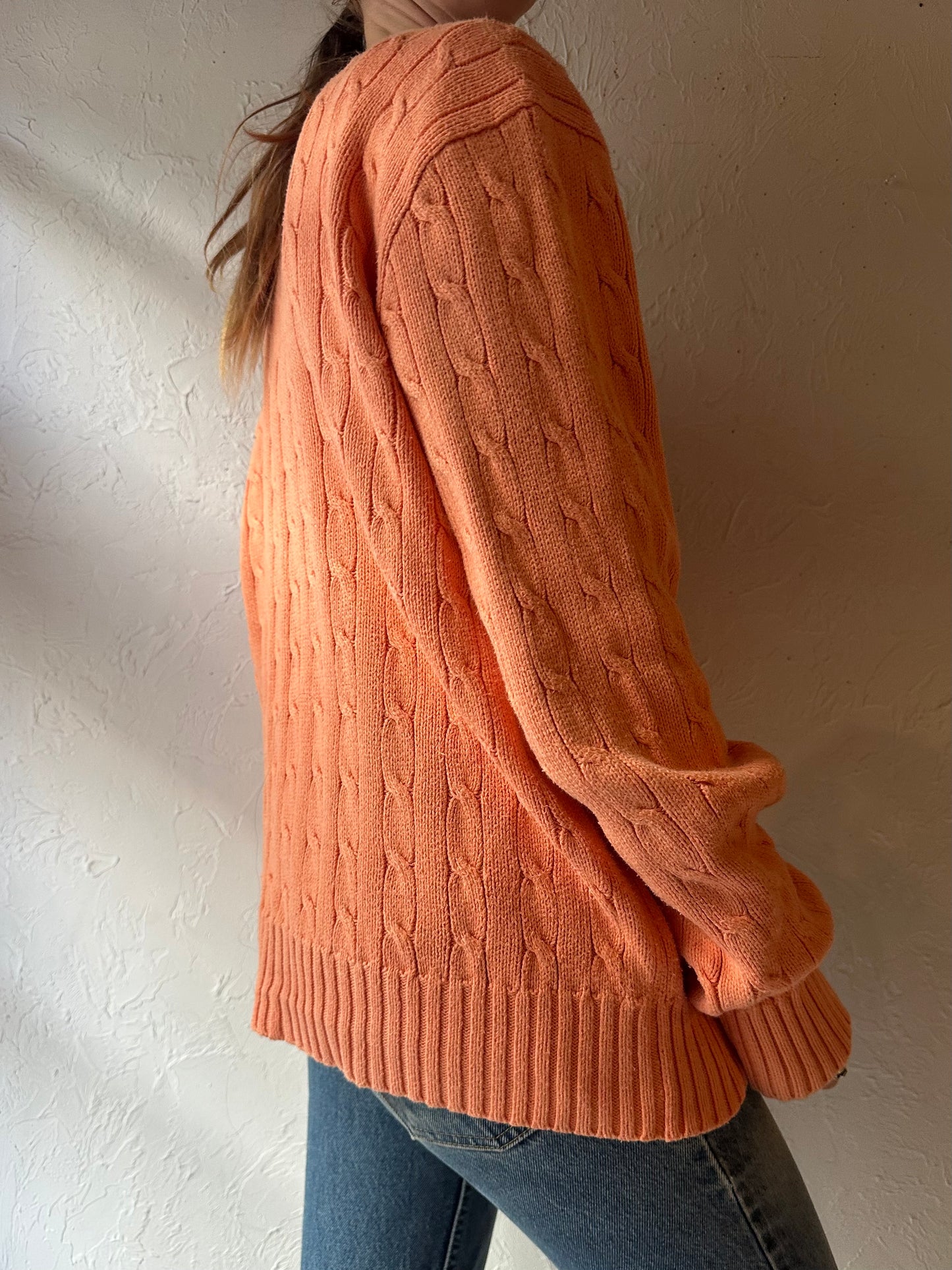 90s 'Ralph Lauren' Orange Cable Knit Cotton Sweater / Large