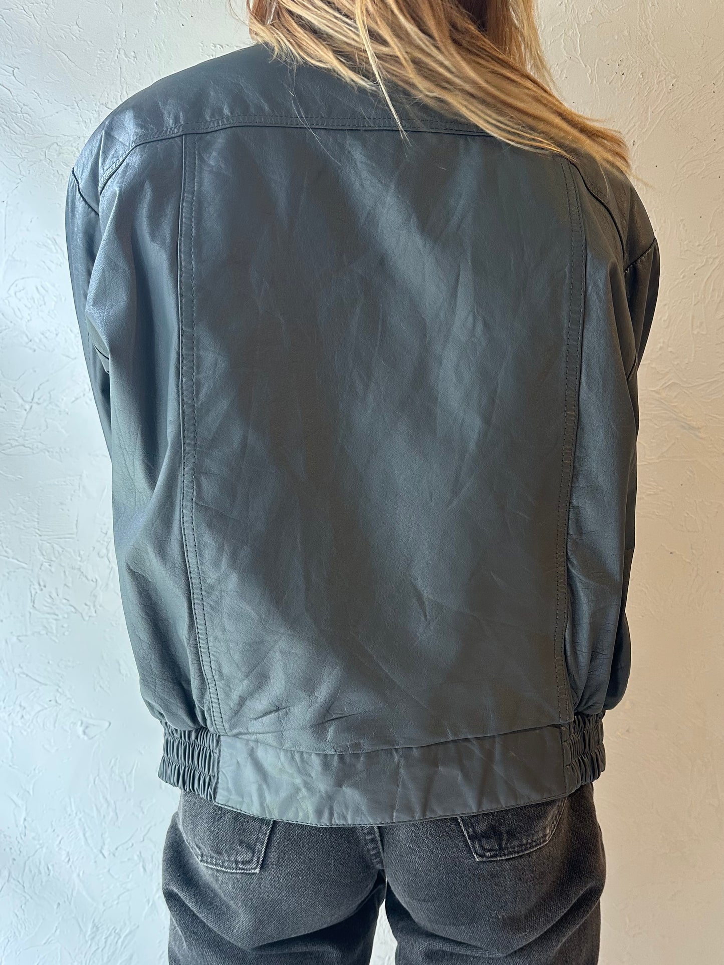 90s ‘Boulevard Club’ Gray Leather Bomber Jacket / Medium