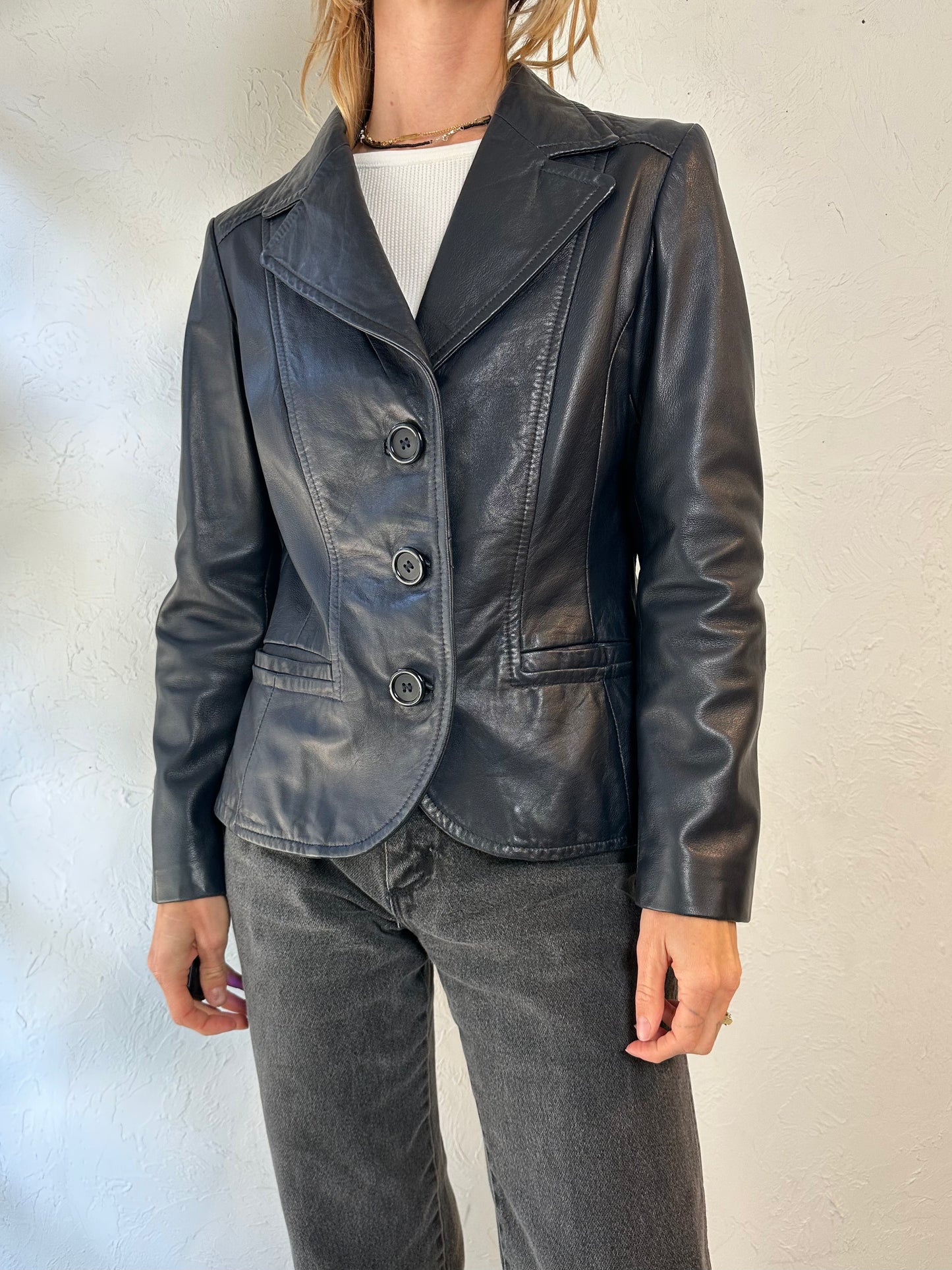 90s 'Danier' Fitted Black Leather Jacket / Medium